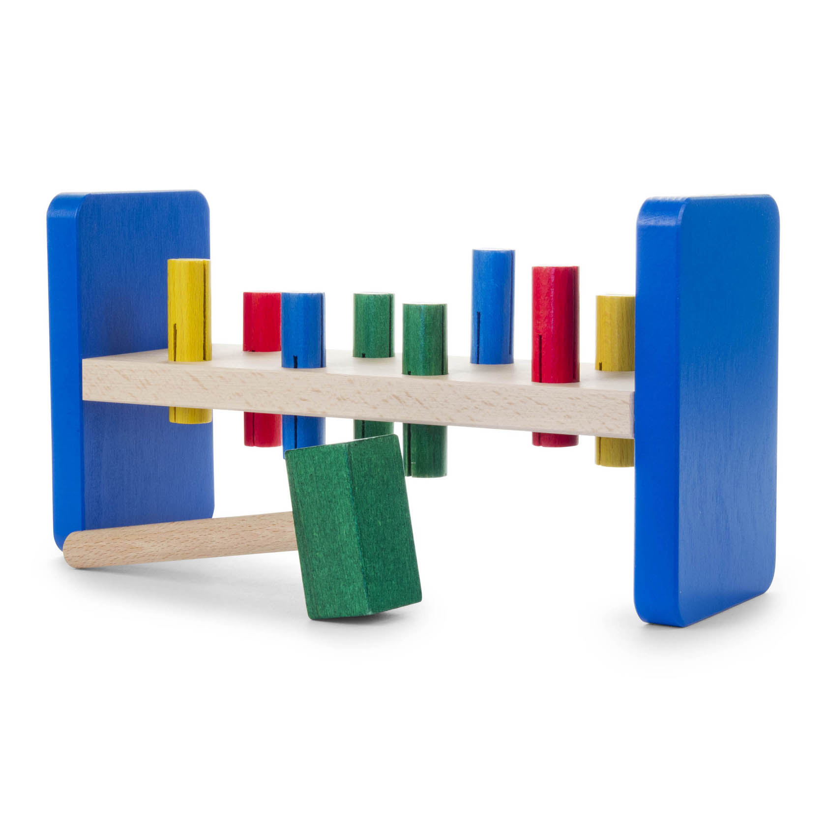 Holzspielzeug Klopfbank mit bunten Stäben in Blau, Rot, Gelb und Grün sowie einem grünen Holzhammer. im Dregeno Online Shop günstig kaufen