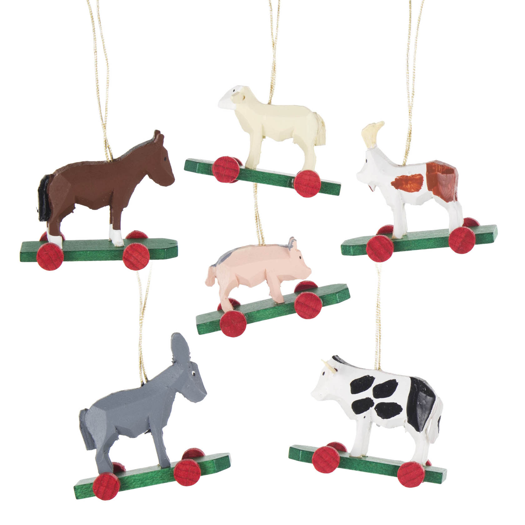 Sechs Holzfiguren von Bauernhoftieren, darunter Esel, Kuh, Schaf, Schwein und Ziege, die an Schnüren hängen und auf Rädern montiert sind. im Dregeno Online Shop günstig kaufen