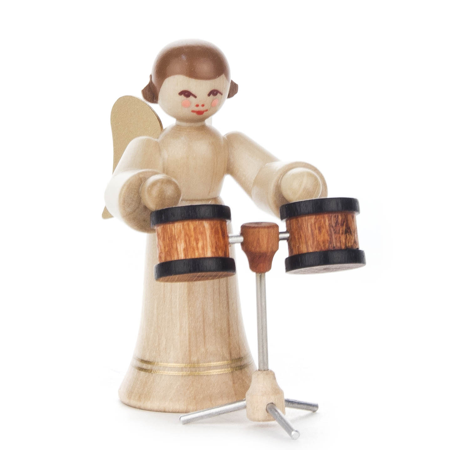 A wooden angel figurine with a long dress, playing bongos. The angel has simple facial features and wings attached to its back. im Dregeno Online Shop günstig kaufen