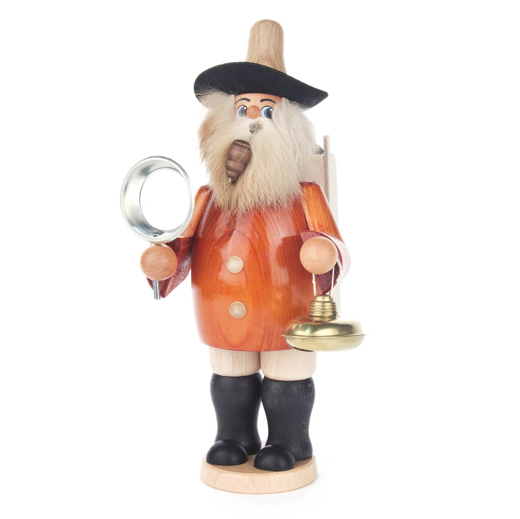 Eine Holzfigur eines Räuchermanns im Stil eines Hausierers mit schwarzem Hut und Bart. Er hält eine Lupe in der rechten Hand und eine Waage in der linken. im Dregeno Online Shop günstig kaufen