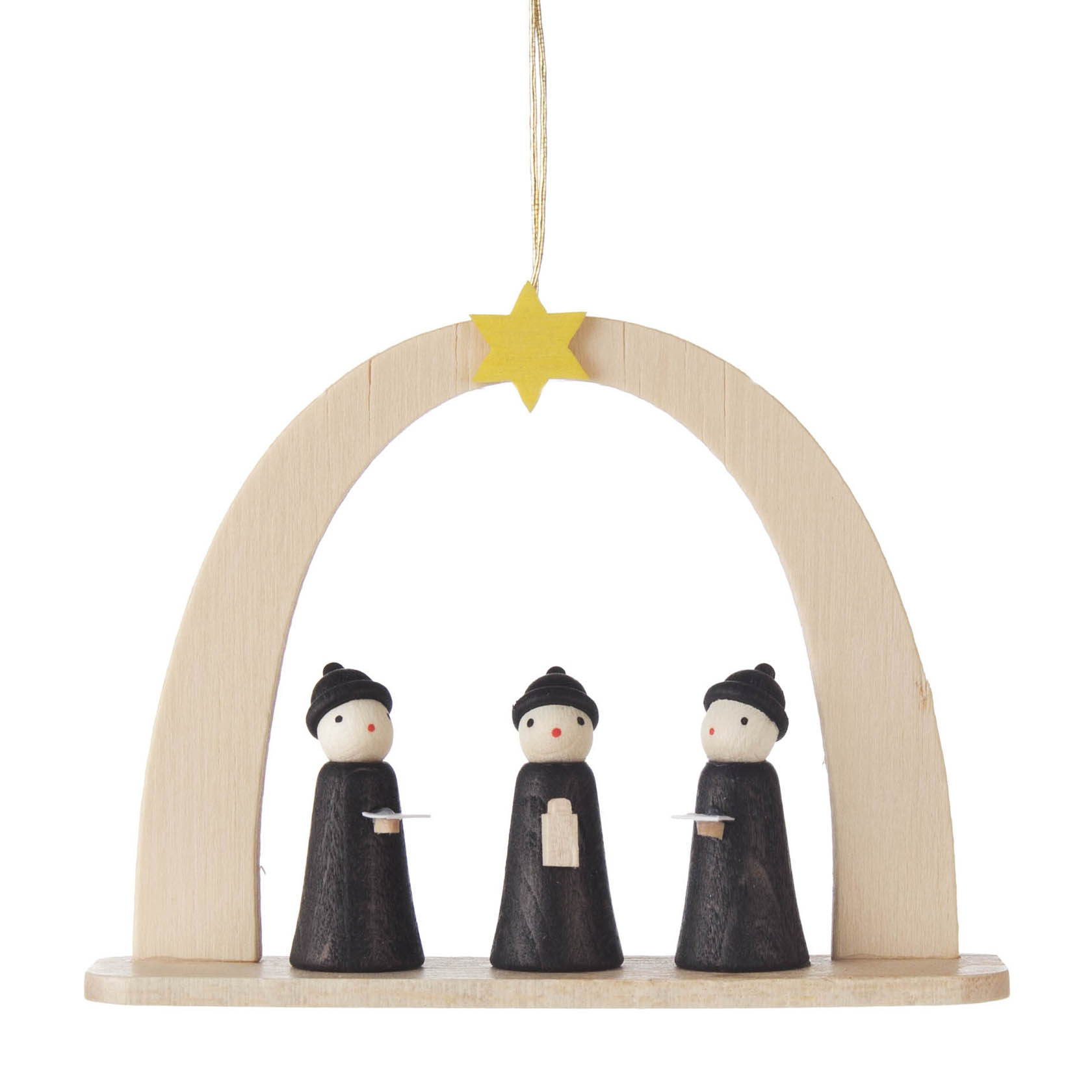 Drei schwarze Holzfiguren, die Kurrendesänger darstellen, stehen unter einem hölzernen Bogen mit einem gelben Stern oben. im Dregeno Online Shop günstig kaufen