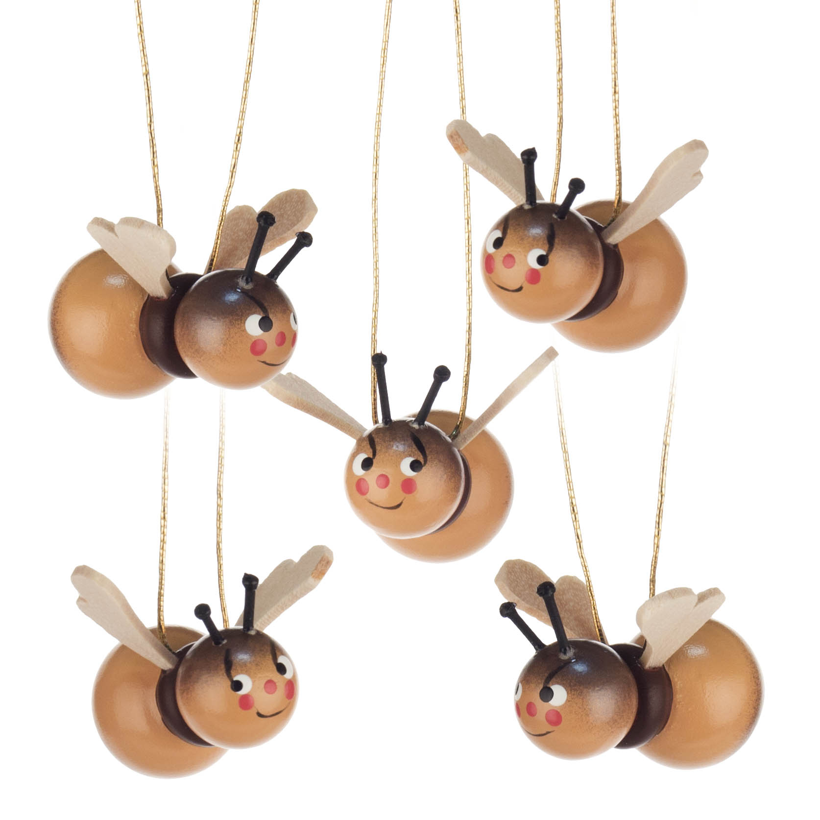 Fünf dekorative, hängende Hummel-Ornamente aus Holz mit freundlichen Gesichtern und Flügeln. im Dregeno Online Shop günstig kaufen