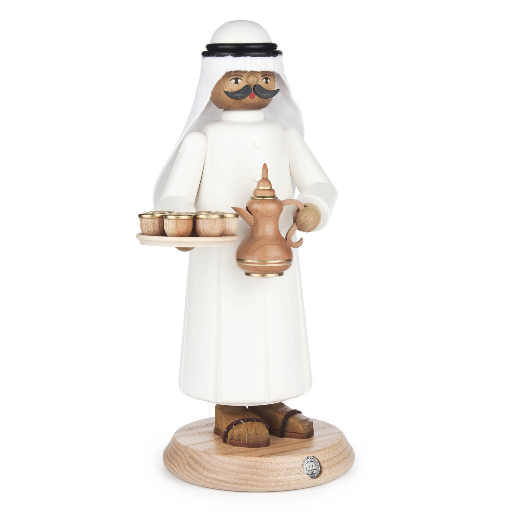 Traditional incense smoker figure of an Arab man holding a smoking teapot and a tray with cups, wearing a white robe and headdress. im Dregeno Online Shop günstig kaufen