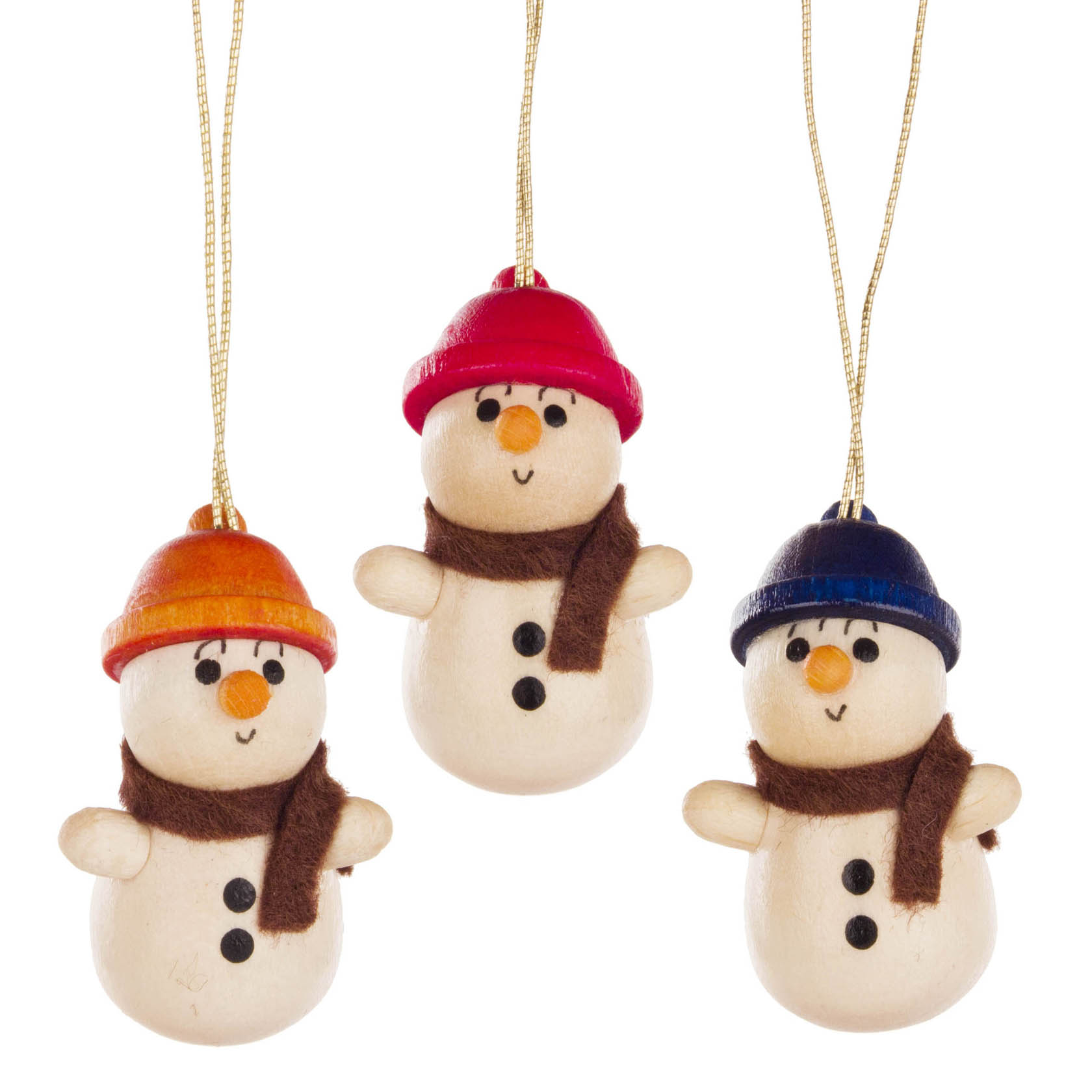 Drei Schneemann-Anhänger mit roten, orangenen und blauen Hüten, braunen Schals und weißen Körpern mit schwarzen Knöpfen. im Dregeno Online Shop günstig kaufen