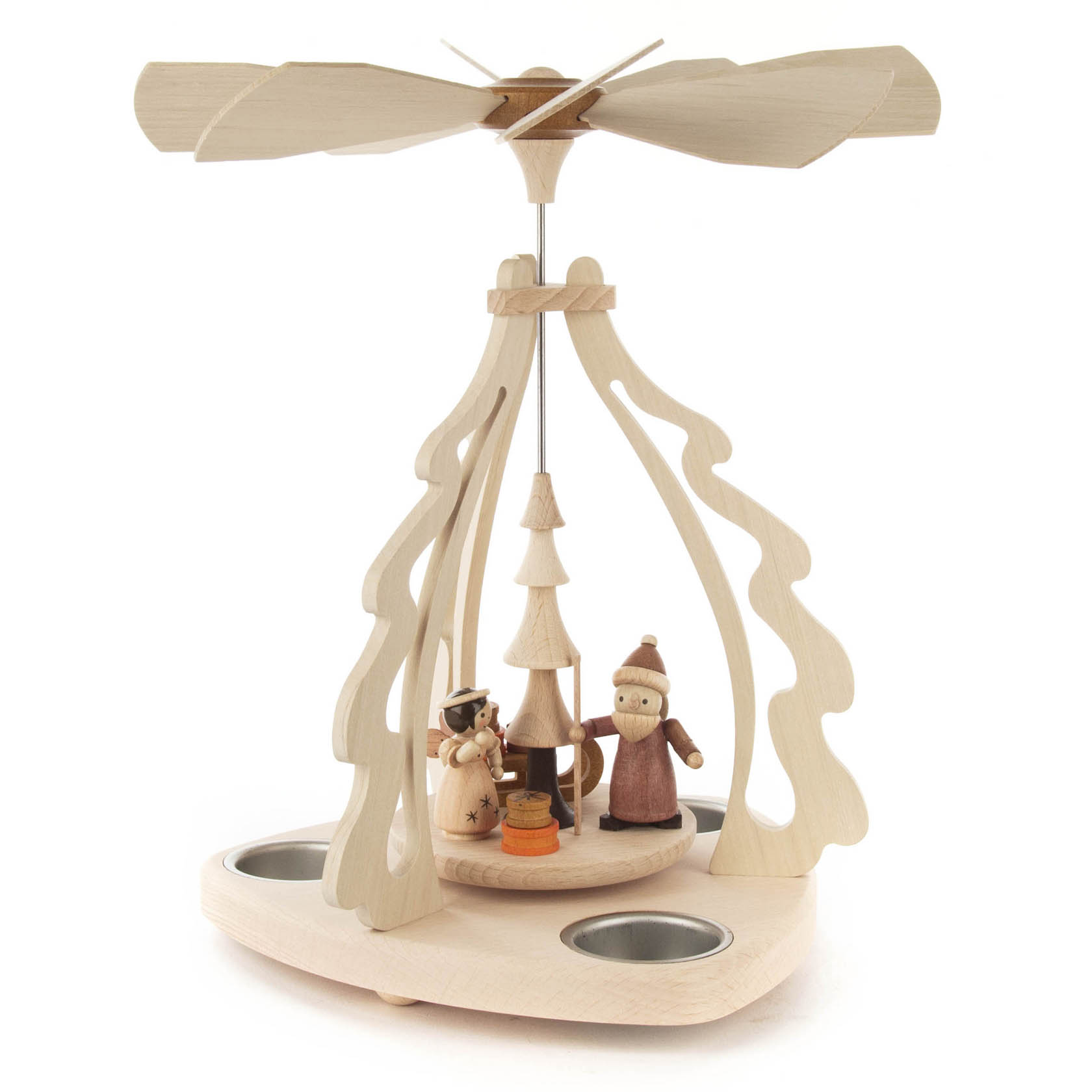 Holzpyramide mit Figuren: Weihnachtsmann, Schneemann und Geschenke, angetrieben durch Kerzenwärme.