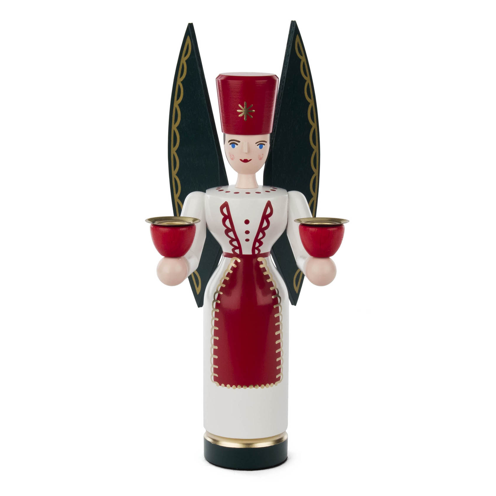 Handgeschnitzter Engel aus Holz, 21 cm hoch, in traditionellen Farben mit rotem Kleid und Kopfschmuck, hält zwei Kerzenhalter. im Dregeno Online Shop günstig kaufen