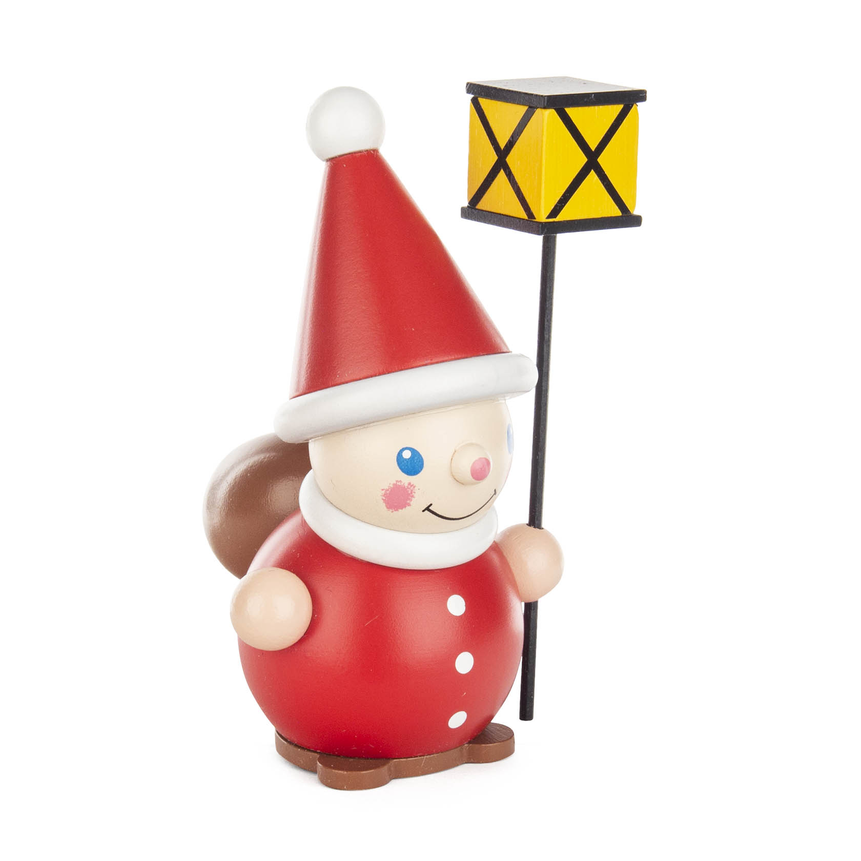 Fröhlicher Wichtel mit rotem Mantel und Hut, hält eine gelbe Laterne in einer Hand und trägt einen braunen Sack auf dem Rücken. im Dregeno Online Shop günstig kaufen