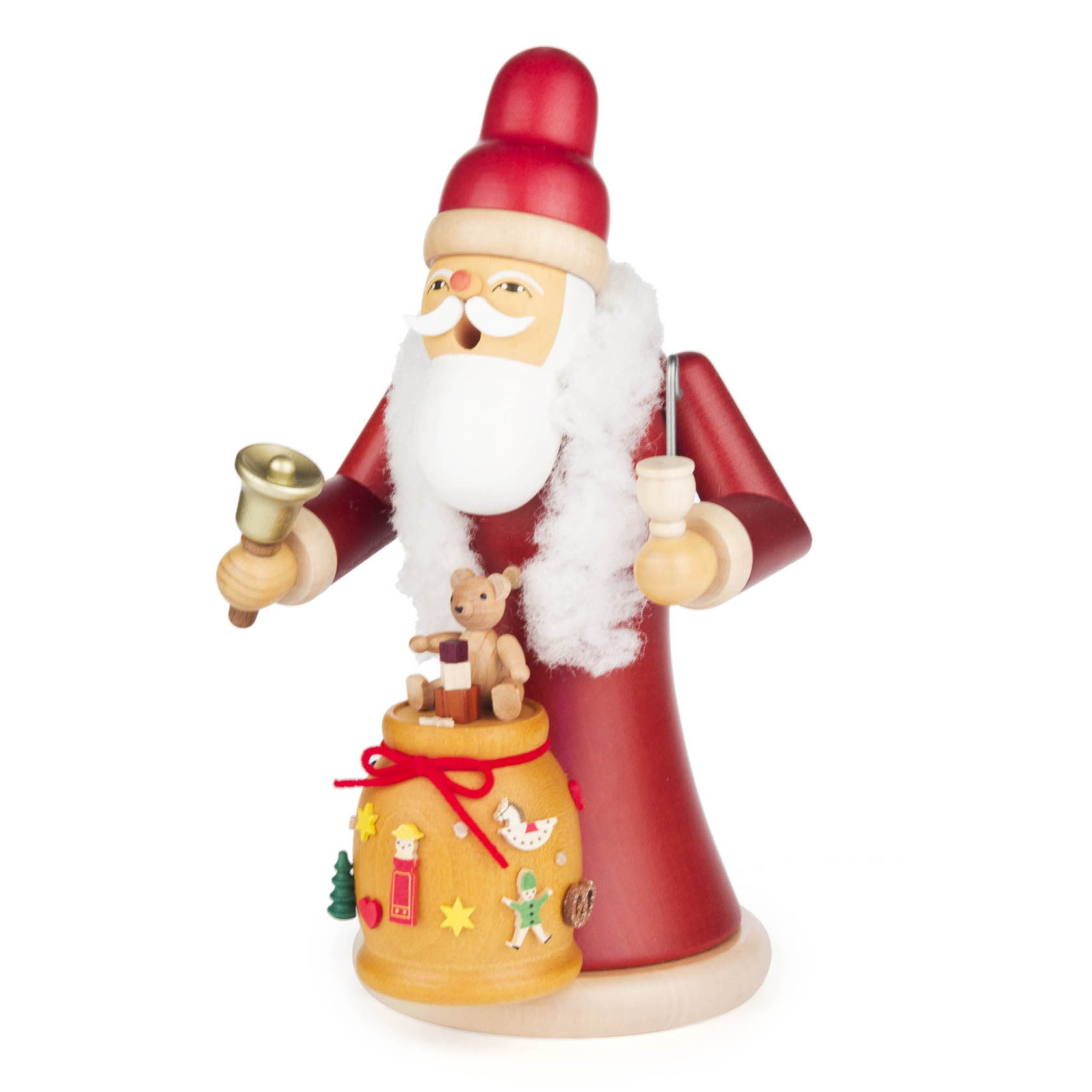Holzfigur eines Räuchermanns in Form eines Weihnachtsmanns mit rotem Mantel, Mütze, weißem Bart, einer Glocke in der einen Hand und einem Sack mit Spielzeug in der anderen. im Dregeno Online Shop günstig kaufen