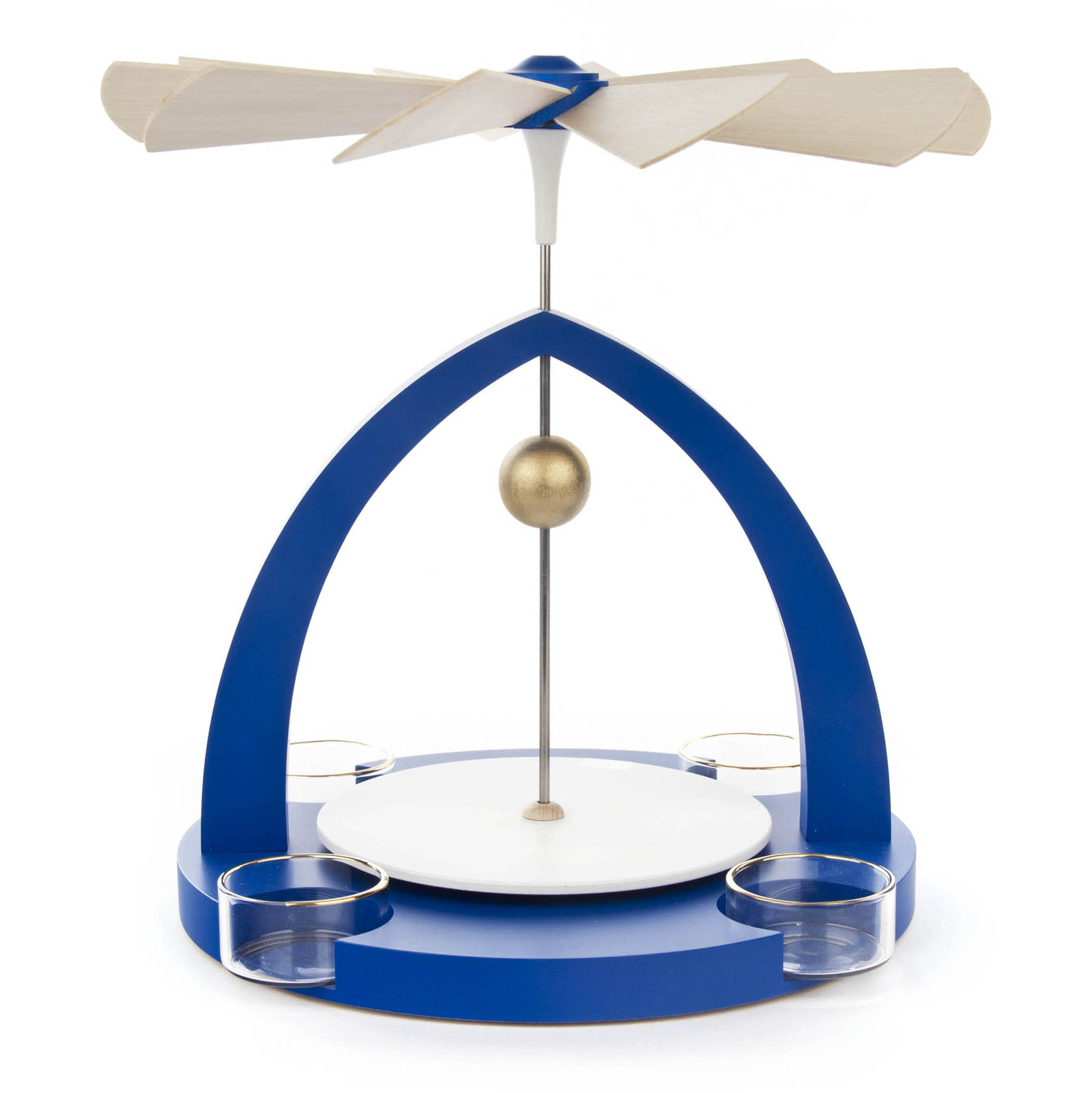 Blaue Pyramide mit weißer Laufscheibe, leer für Teelichter. Oben ein Flügelrad in Naturfarbe, montiert auf einer schlanken, goldenen Achse. im Dregeno Online Shop günstig kaufen