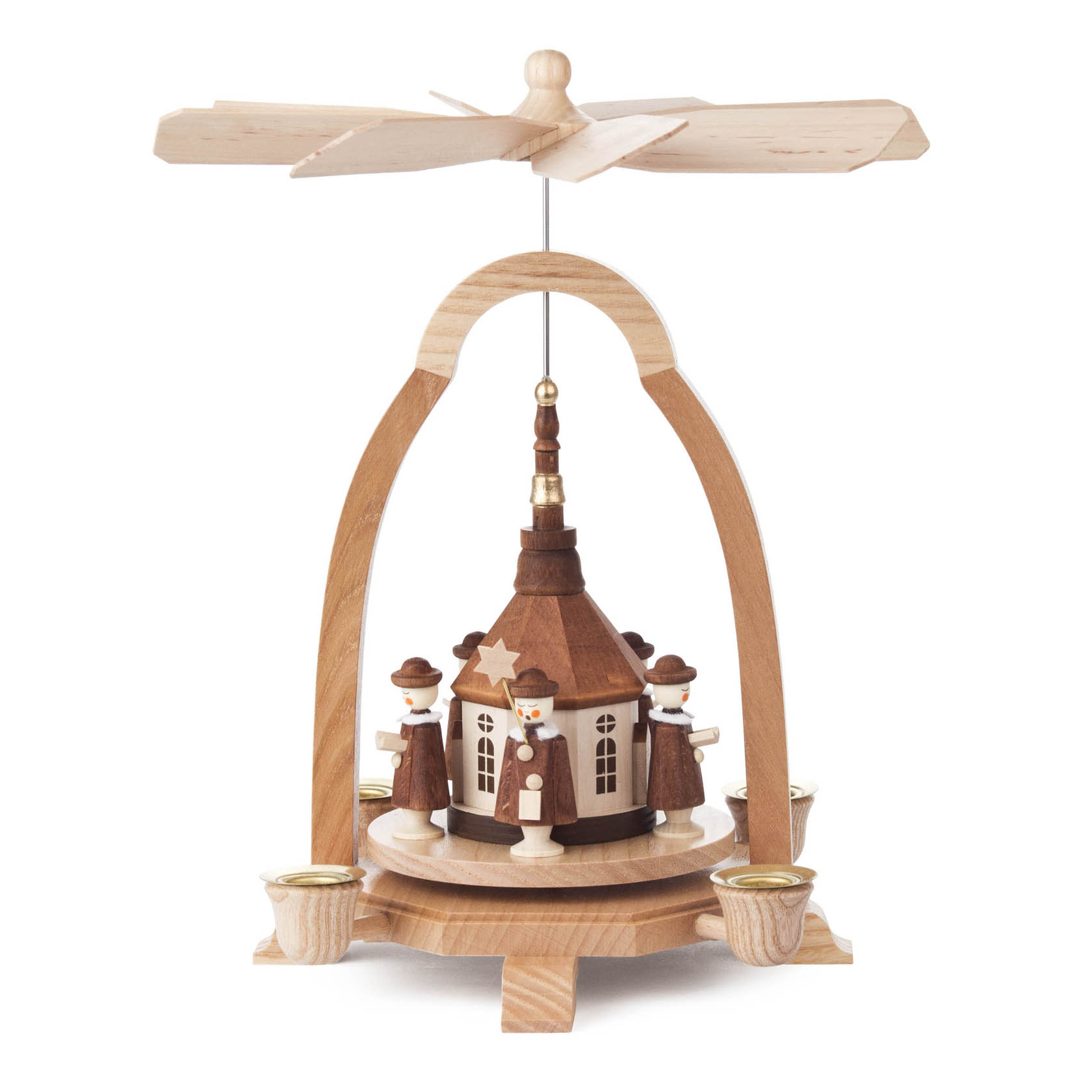 Holzpyramide mit rotierender Seiffener Kirche und Kurrende-Sängern, für Kerzen mit einem Durchmesser von 14 mm. im Dregeno Online Shop günstig kaufen