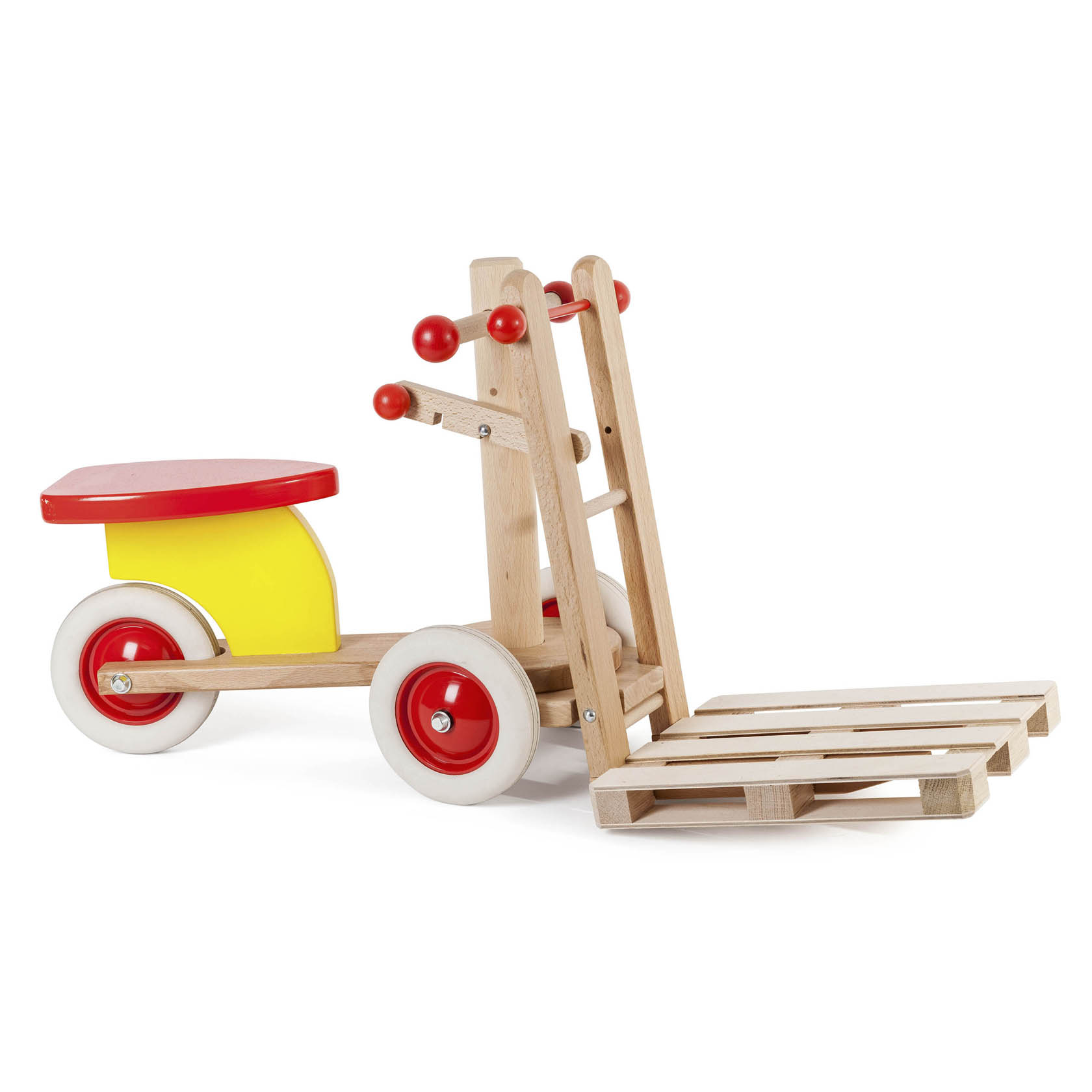 Spielzeug-Rutscher in Form eines Gabelstaplers aus Holz mit roten und gelben Akzenten, sowie einer kleinen Palettengabel. im Dregeno Online Shop günstig kaufen
