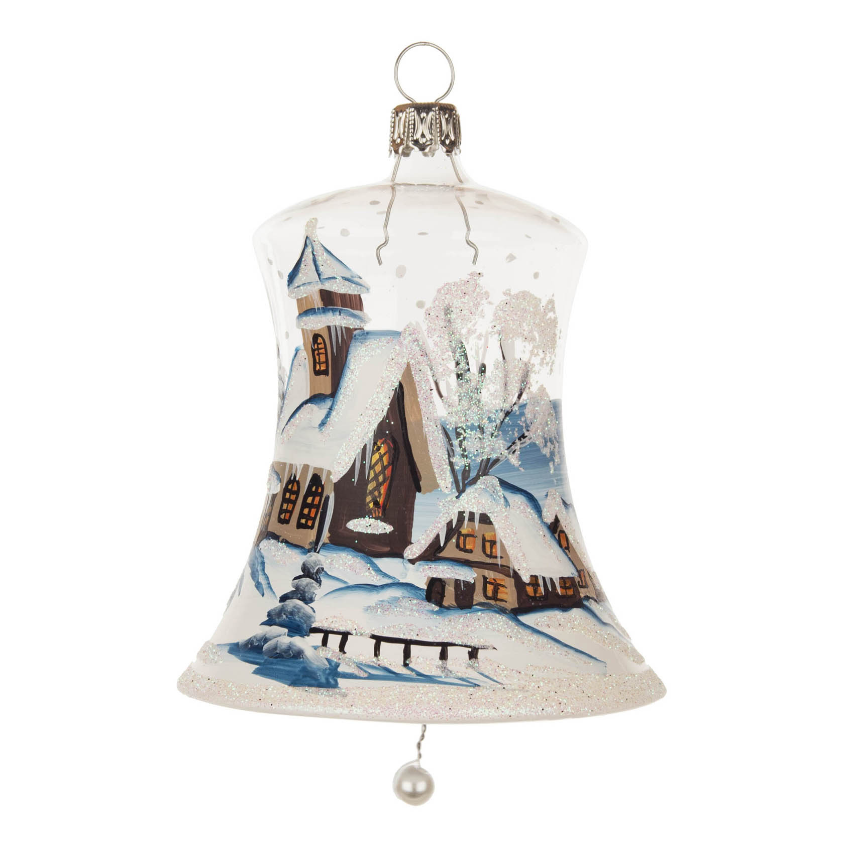 Transparente Glasglocke, 8 cm groß, mit handbemaltem Wintermotiv: verschneite Kirche, Tannenbaum und Hütten im traditionellen Design. im Dregeno Online Shop günstig kaufen