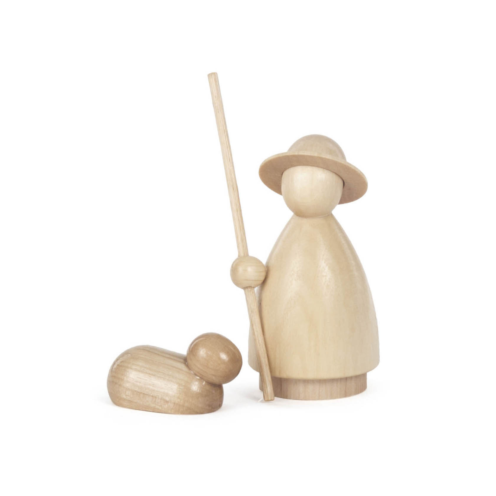Holzfigur eines Schäfers mit Hut und Stab neben einem liegenden Schaf, beide in minimalistischer, natürlicher Holzoptik gestaltet. im Dregeno Online Shop günstig kaufen