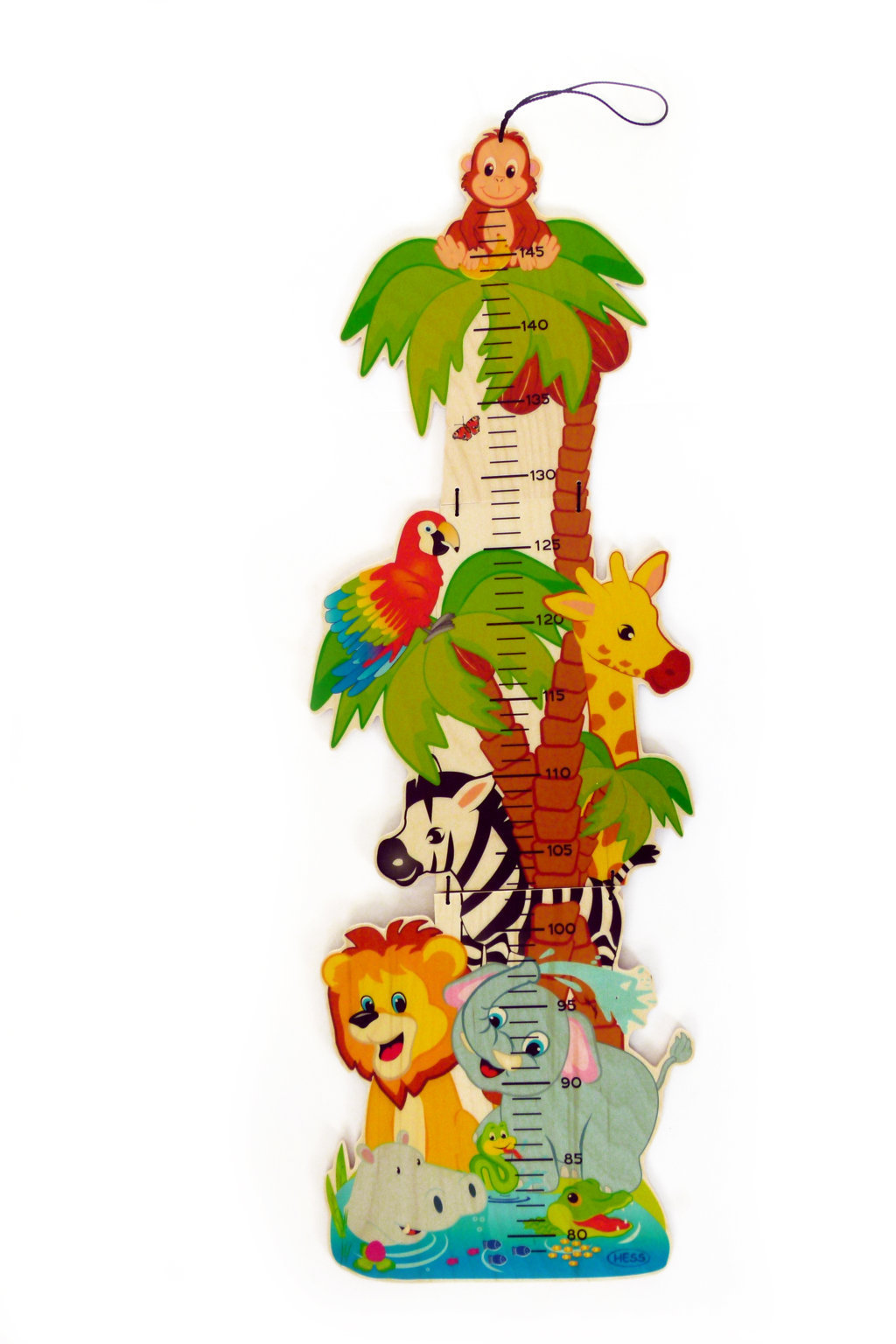Bunte Messlatte im Dschungel-Design mit Tiermotiven: Äffchen oben, Papagei, Giraffe, Zebra, Löwe, Elefant und Nilpferd um eine Palme gruppiert. im Dregeno Online Shop günstig kaufen
