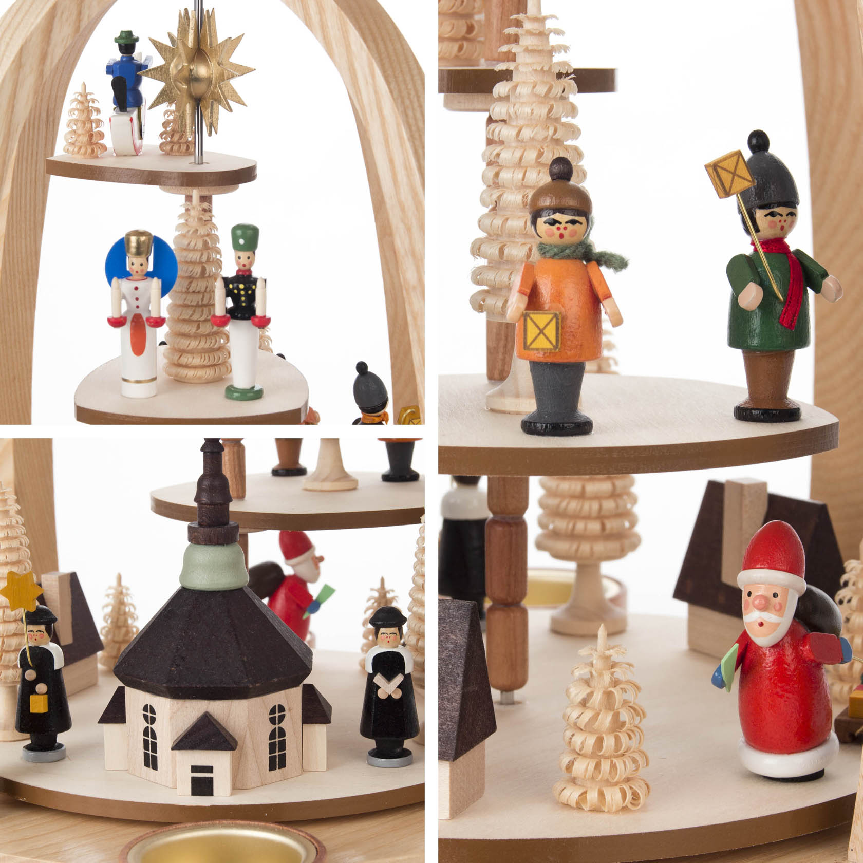 Detailreiche, stufenförmige Seiffener Weihnachtspyramide, die mit traditionellen Holzfiguren wie Nussknacker, Engel, Sankt Nikolaus und Kindern mit Laternen verziert ist.