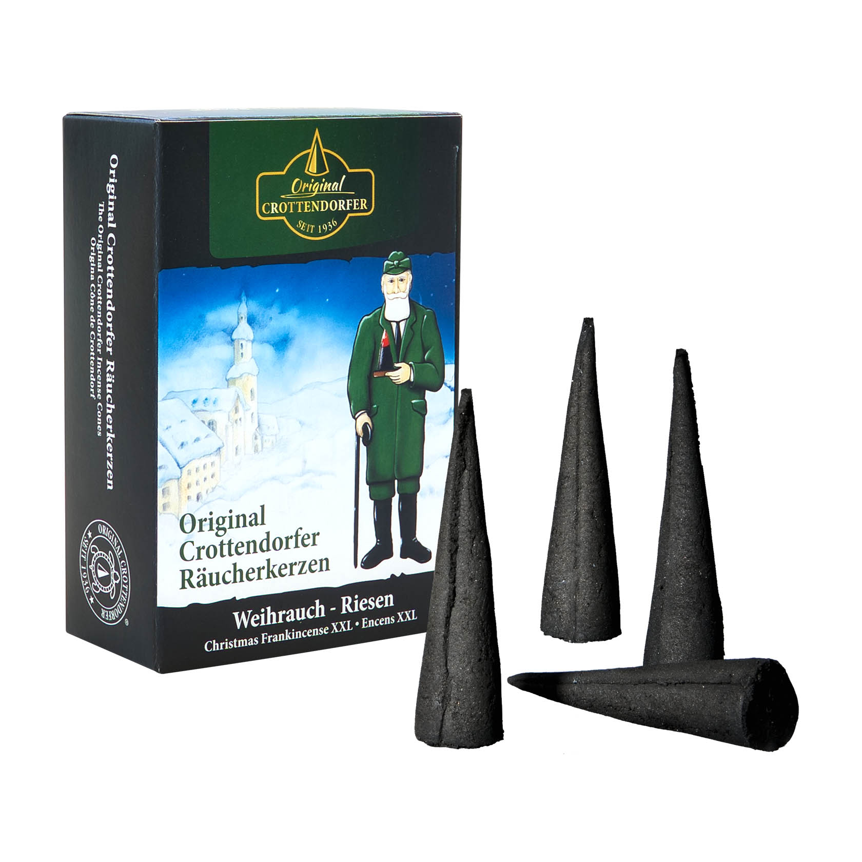 Verpackung von Crottendorfer Original Räucherkerzen mit einem männlichen Erzgebirgsmotiv in traditioneller Kleidung vor einer Winterlandschaft. im Dregeno Online Shop günstig kaufen