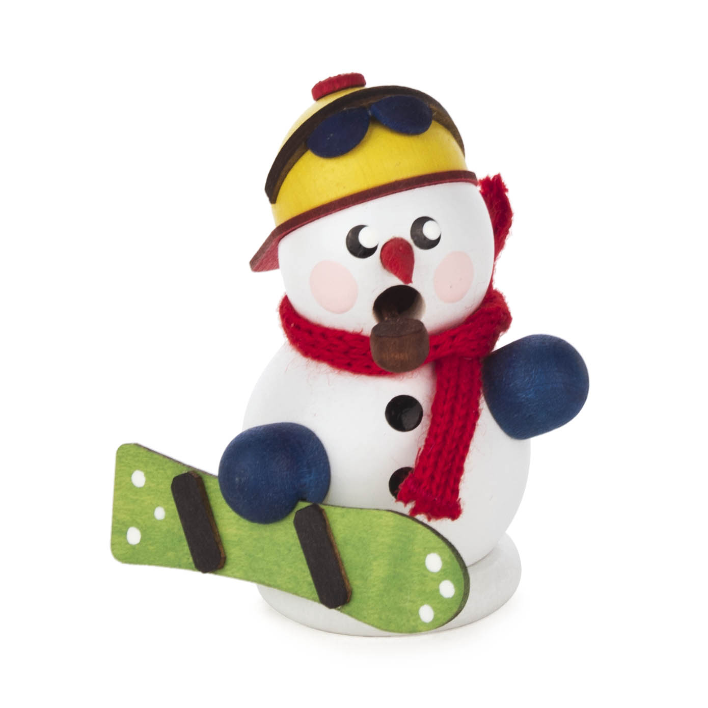 Ein Mini-Räuchermann in Form eines Schneemanns mit roter Mütze, rotem Schal und einem grünen Snowboard in der Hand. im Dregeno Online Shop günstig kaufen
