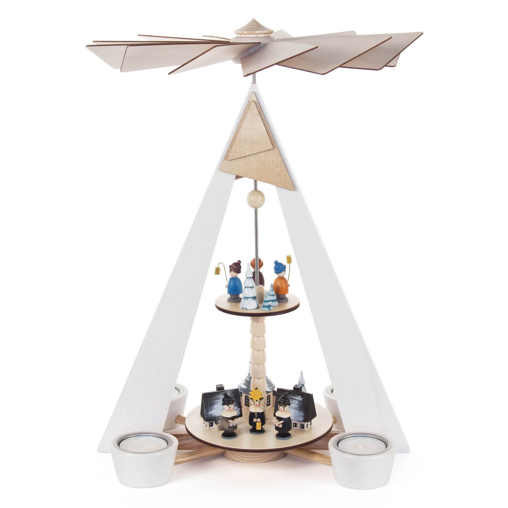 Zweistöckige weiße Weihnachtspyramide mit Kurrende- und Laternenkindern, Detail Dorf Seiffen auf Holzplattform, Teelichthalter an den Seiten. im Dregeno Online Shop günstig kaufen
