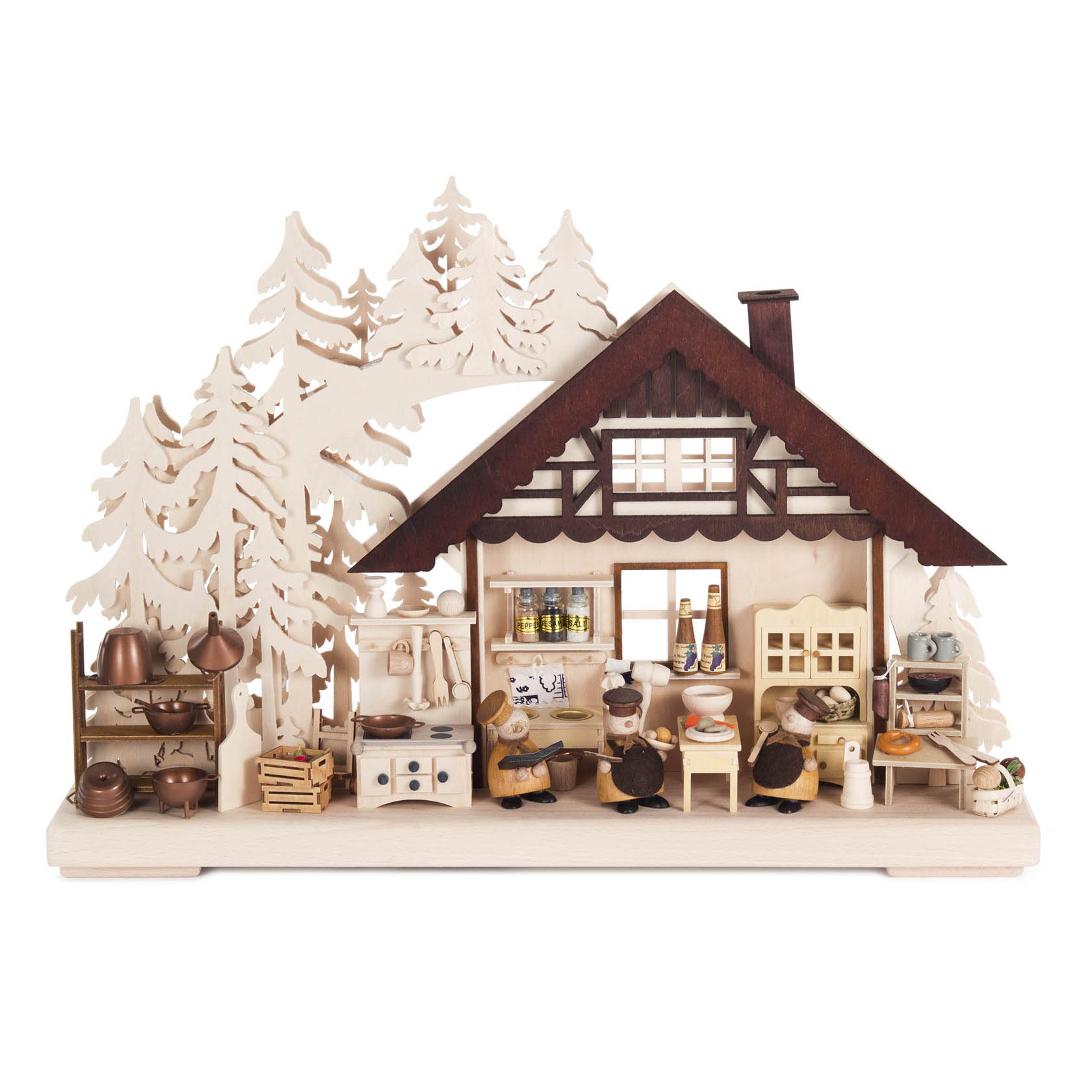 Ein kleiner, elektrisch beleuchteter Schwibbogen zeigt eine Küche mit Köchen, Kochutensilien und Tannenbäumen im Hintergrund. im Dregeno Online Shop günstig kaufen