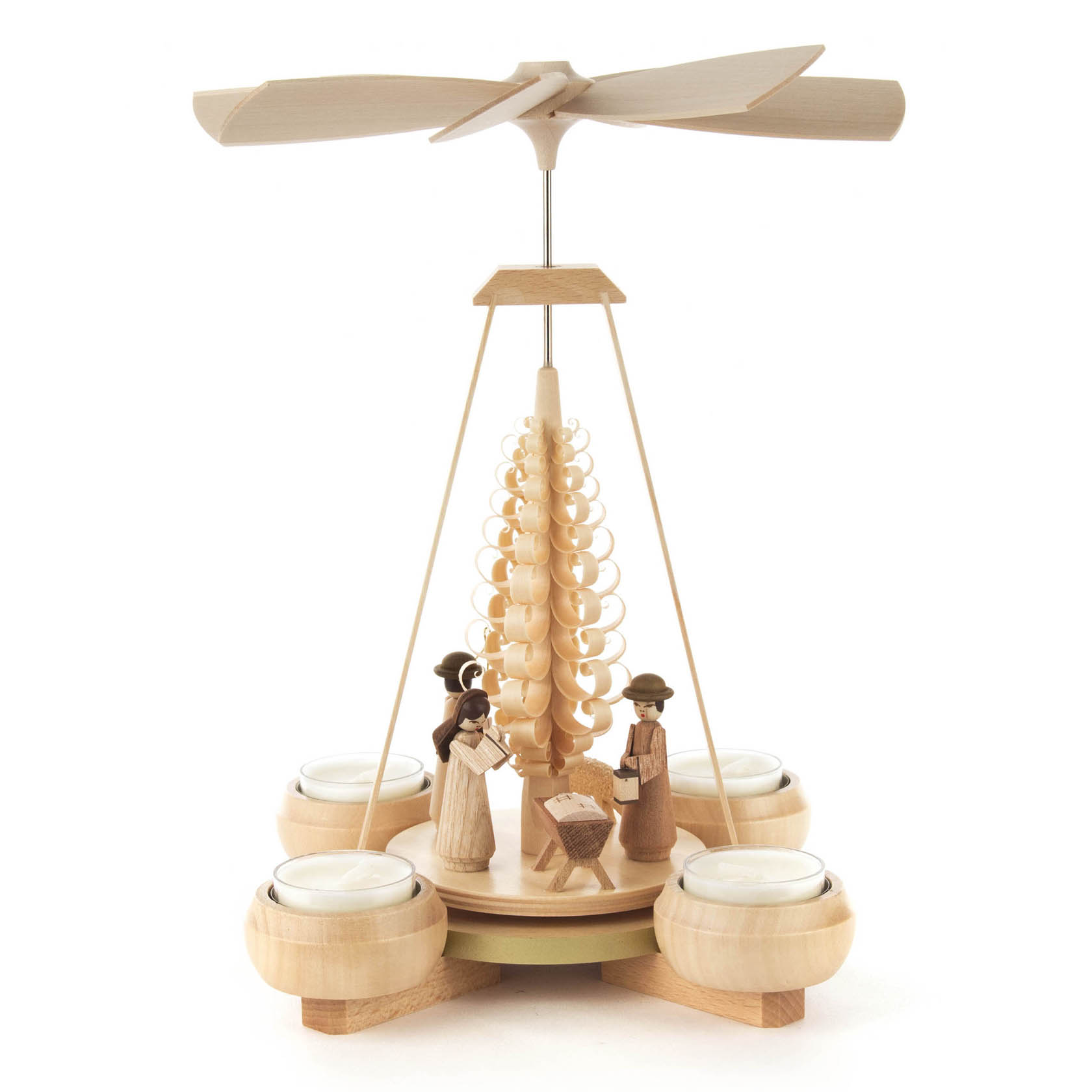 Holzpyramide mit Christi-Geburt-Szene, dekoriert mit Figuren um eine Krippe, umgeben von vier Teelichthaltern und einem Flügelrad oben. im Dregeno Online Shop günstig kaufen