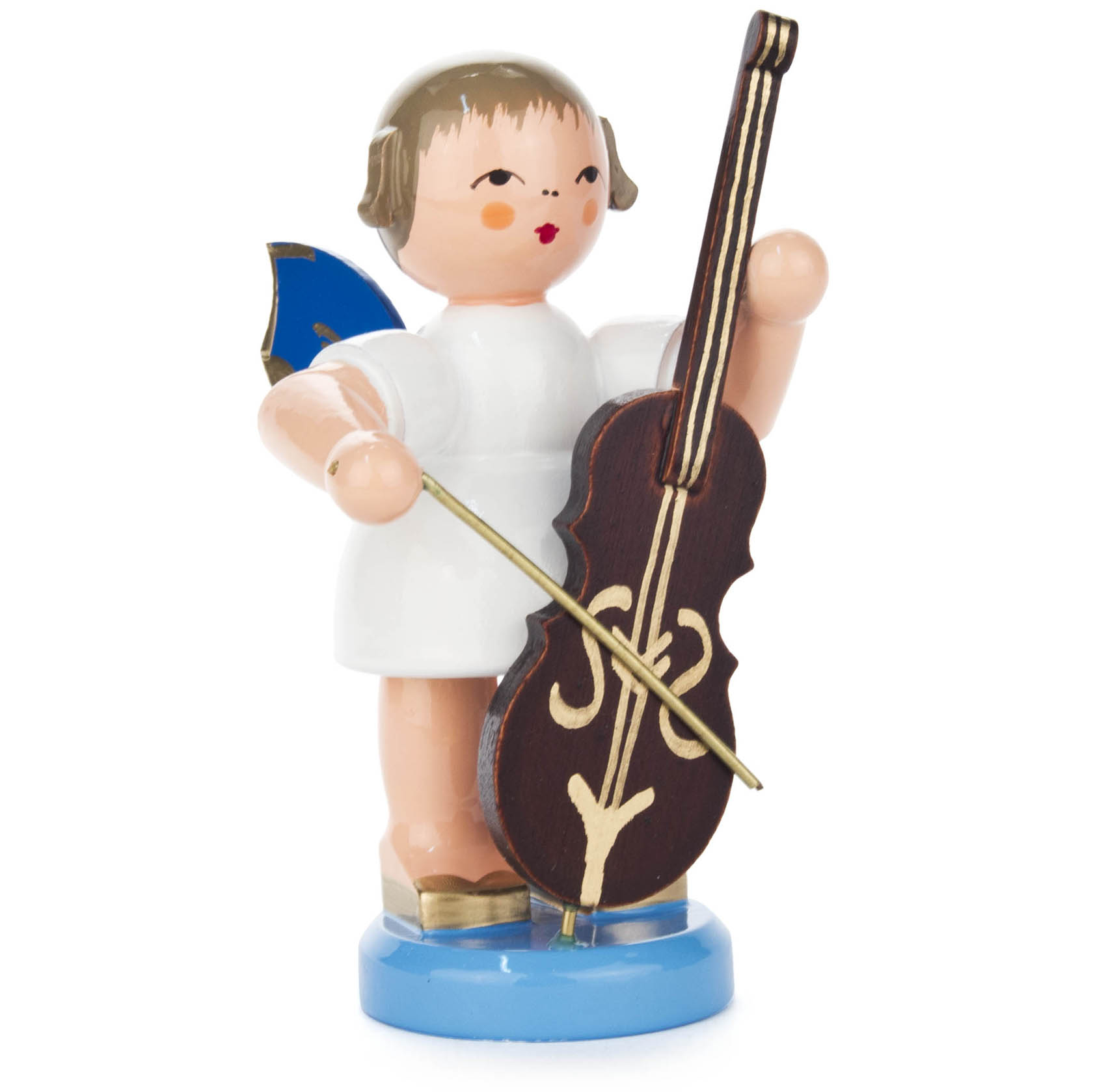 Holzengel mit blauen Flügeln, der ein großes Cello hält. Das Cello ist dunkelbraun mit goldenen Verzierungen. Der Engel trägt ein weißes Kleid. im Dregeno Online Shop günstig kaufen