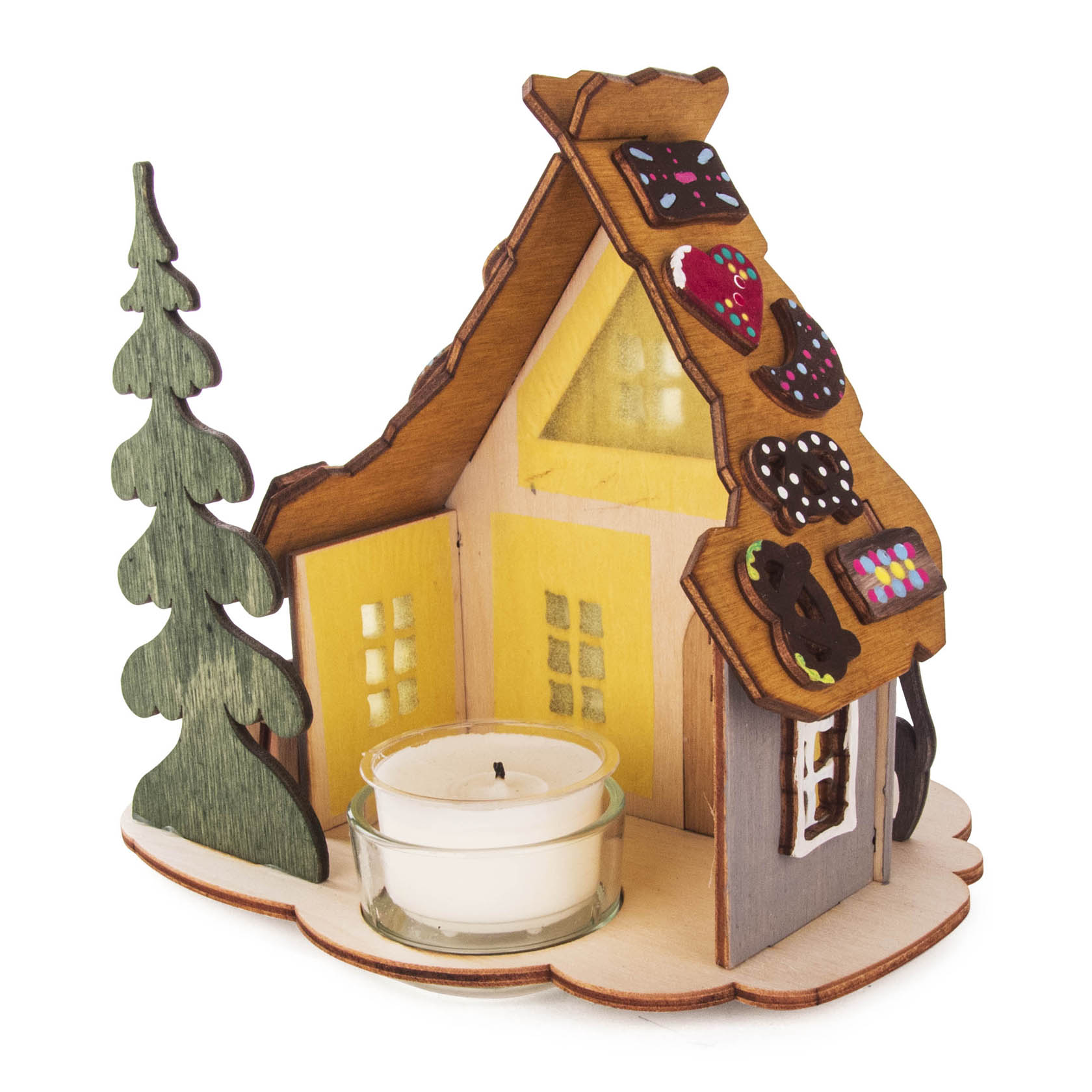 Gingerbread house tealight holder with a tree on the left and decorated with colorful candy roof, inspired by Hansel and Gretel.