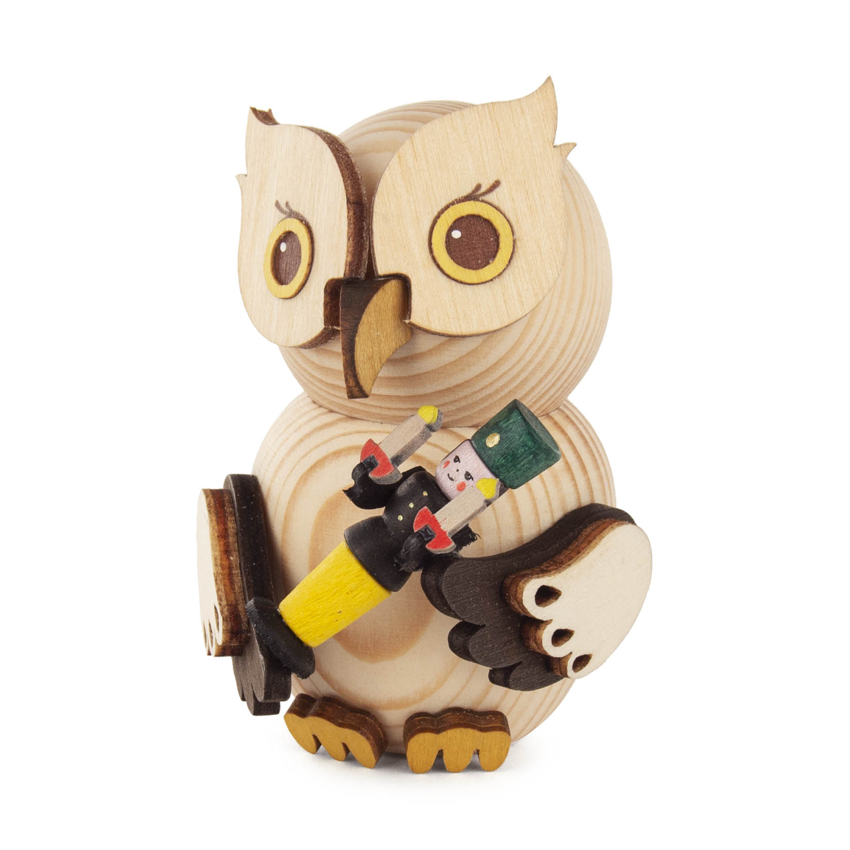 Holzeule, die eine kleine bergmännische Holzfigur in ihren Flügeln hält. Die Figur ist bunt bemalt und trägt einen Helm. im Dregeno Online Shop günstig kaufen