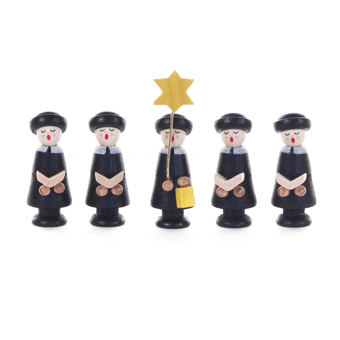 Fünf schwarze Kurrendefiguren in traditioneller Kleidung, eine Figur hält einen gelben Stern auf einem Stab. im Dregeno Online Shop günstig kaufen