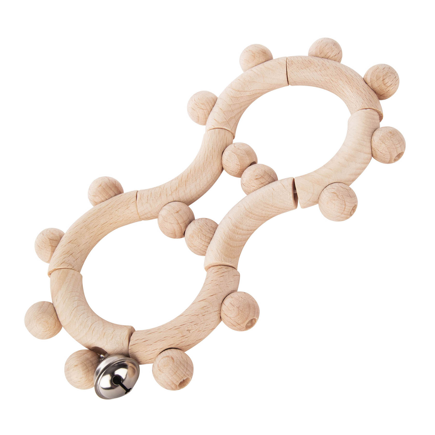 Eine Motorikrassel in Form einer liegenden Acht aus unbehandeltem Holz, mit Perlen entlang der Ränder und einer kleinen Glocke. im Dregeno Online Shop günstig kaufen