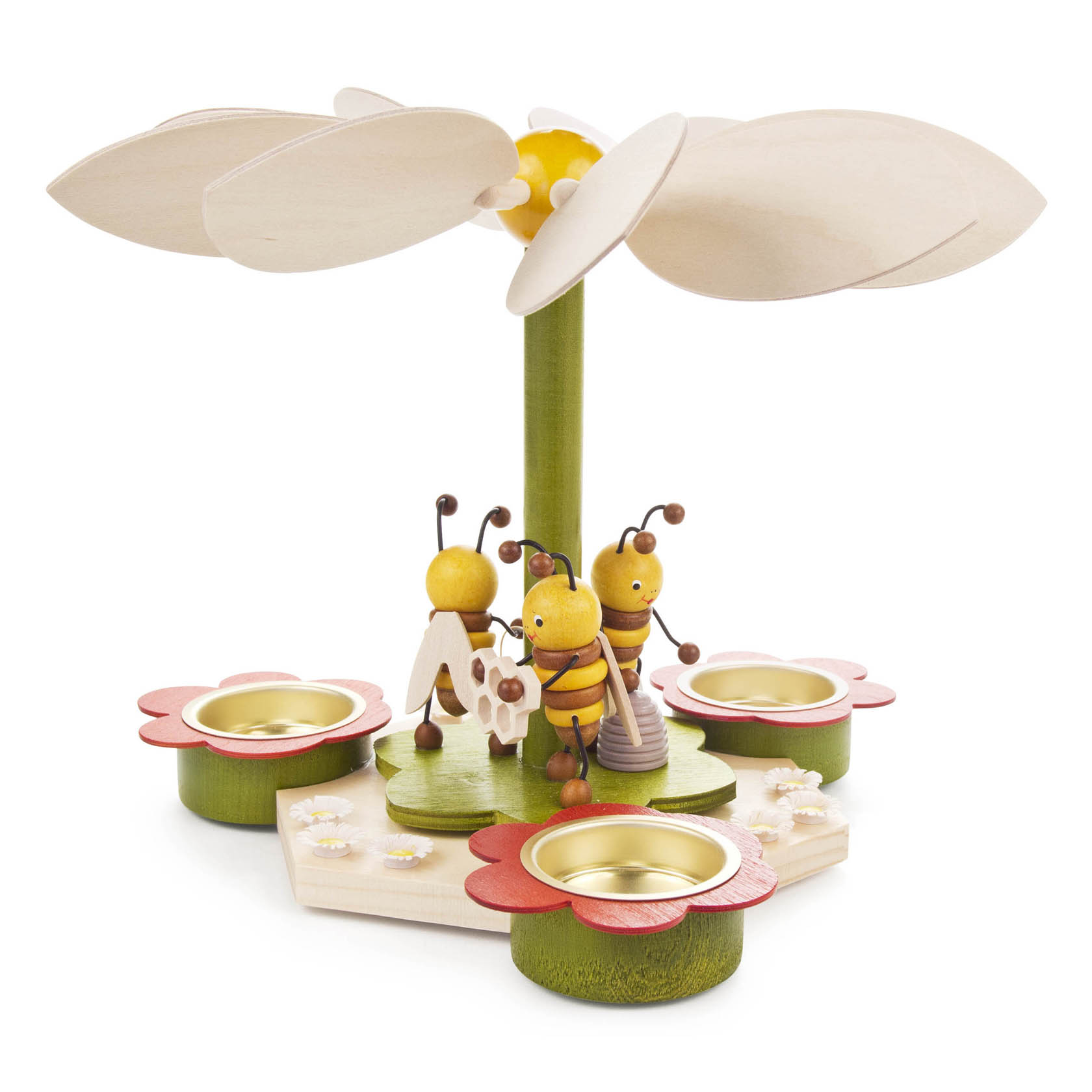 Holzpyramide mit Teelichthaltern in Blumenform, auf der zwei gelb-schwarze Bienenfiguren und ein Marienkäfer sitzen, über ihnen ein drehbarer Propeller. im Dregeno Online Shop günstig kaufen