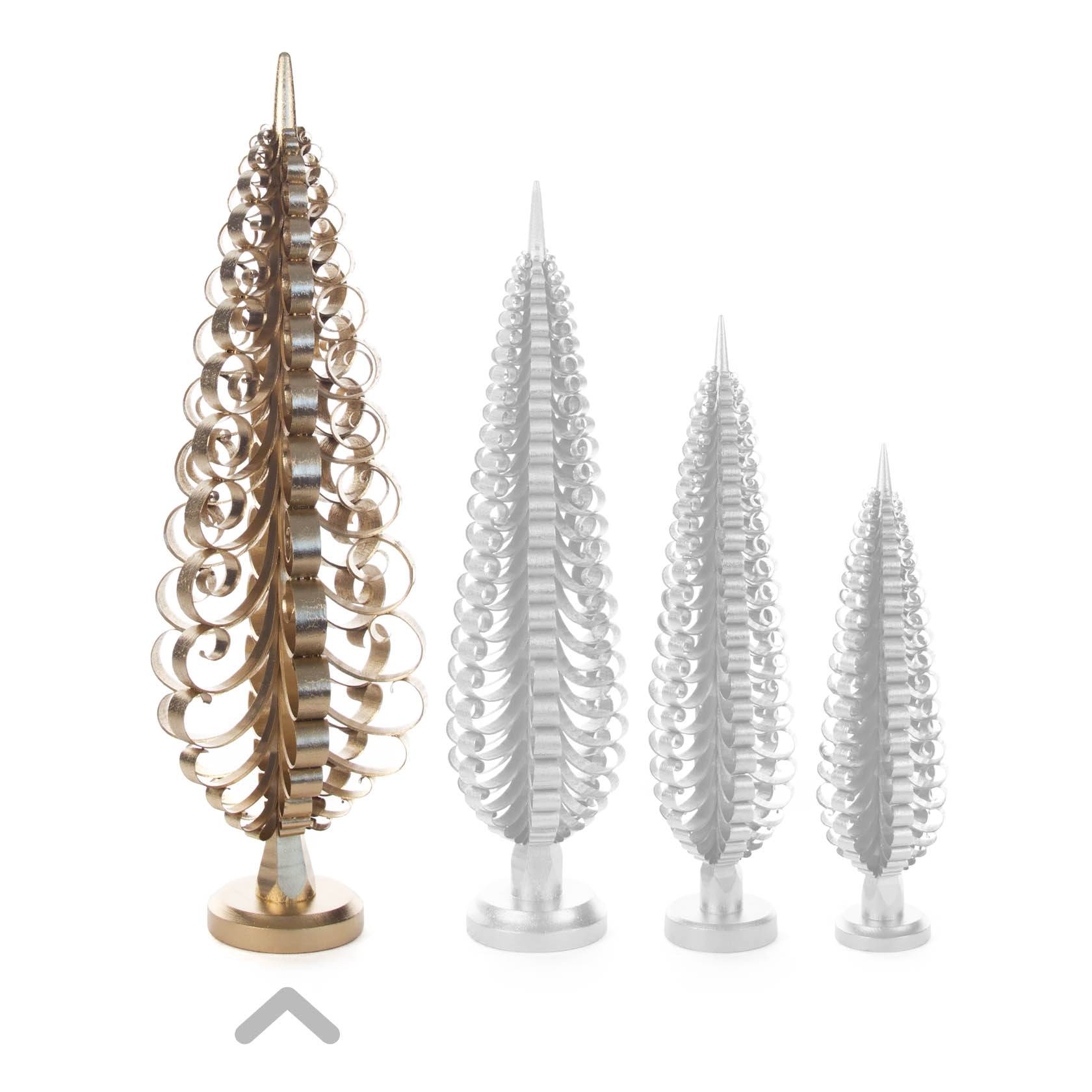 A 35cm gold-plated spun tree with intricate spiraling branches next to three smaller silver trees in the background.