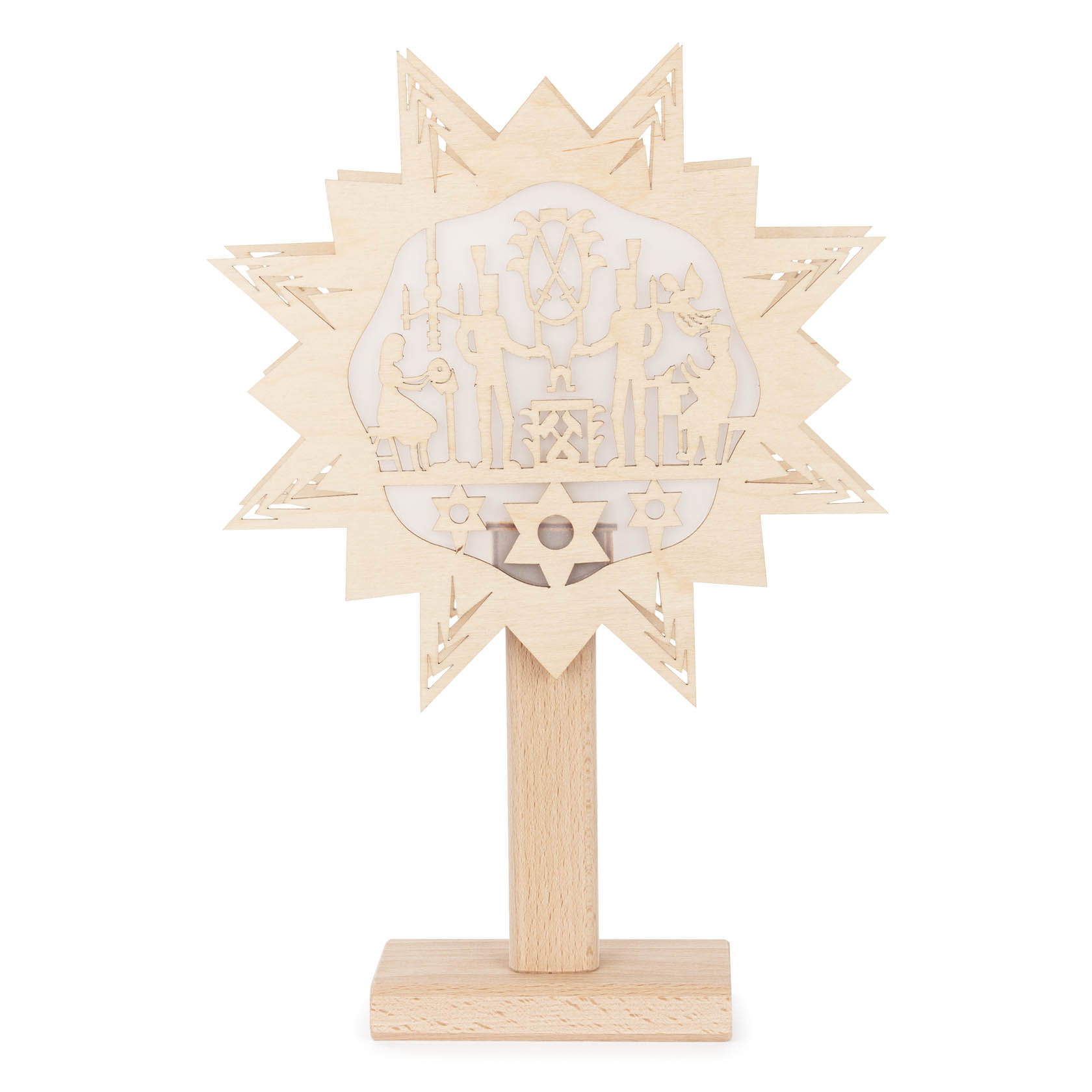 Wooden window decoration with Erzgebirge motif on a base, backlit with paper and electric lighting. im Dregeno Online Shop günstig kaufen