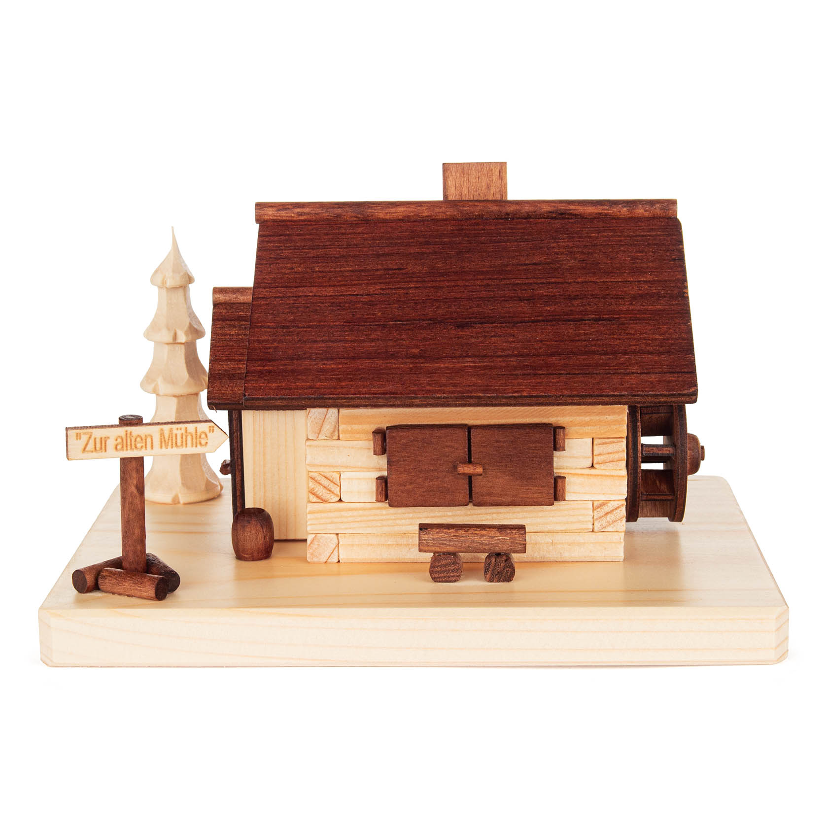 A wooden incense smoker shaped like an old mill with a large roof, chimney, and a small tree beside it. im Dregeno Online Shop günstig kaufen