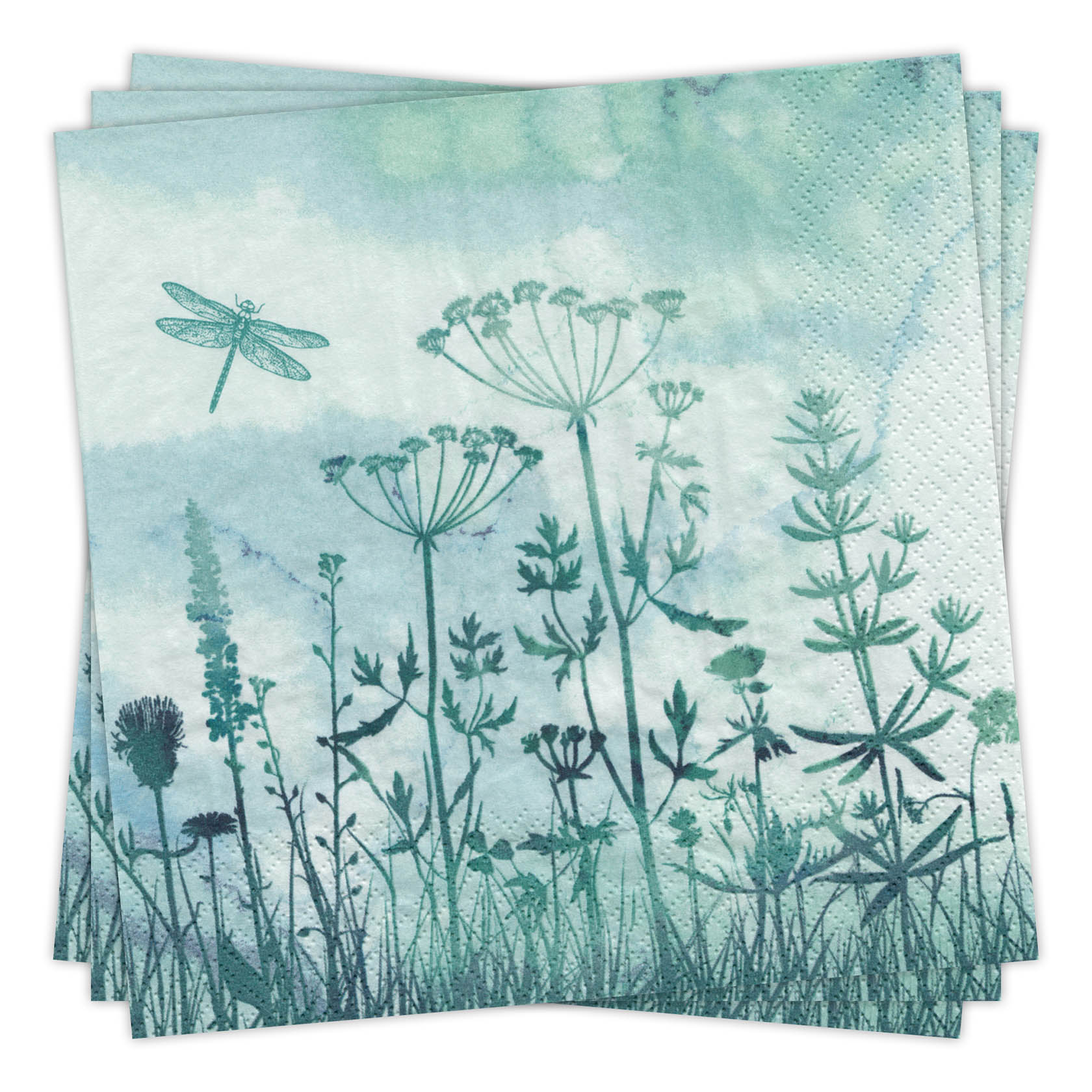 Grüne Serviette mit Zeichnung von Gräsern, Wildblumen und einer fliegenden Libelle vor einem aquarellartigen Hintergrund. im Dregeno Online Shop günstig kaufen