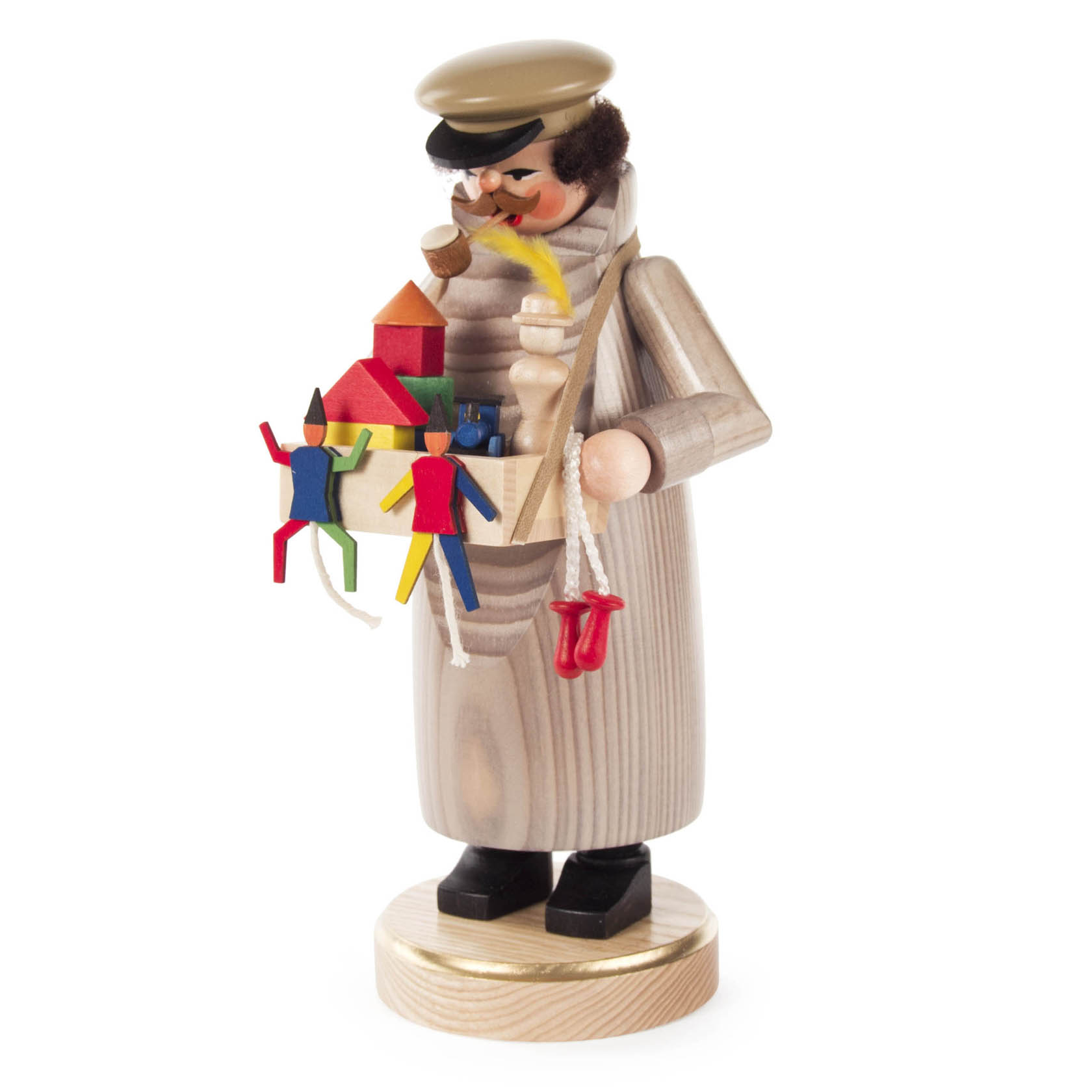 Holzfigur eines Räuchermanns in Form eines Spielzeughändlers, der eine Pfeife raucht und eine Kiste mit bunten Spielzeugen trägt. im Dregeno Online Shop günstig kaufen