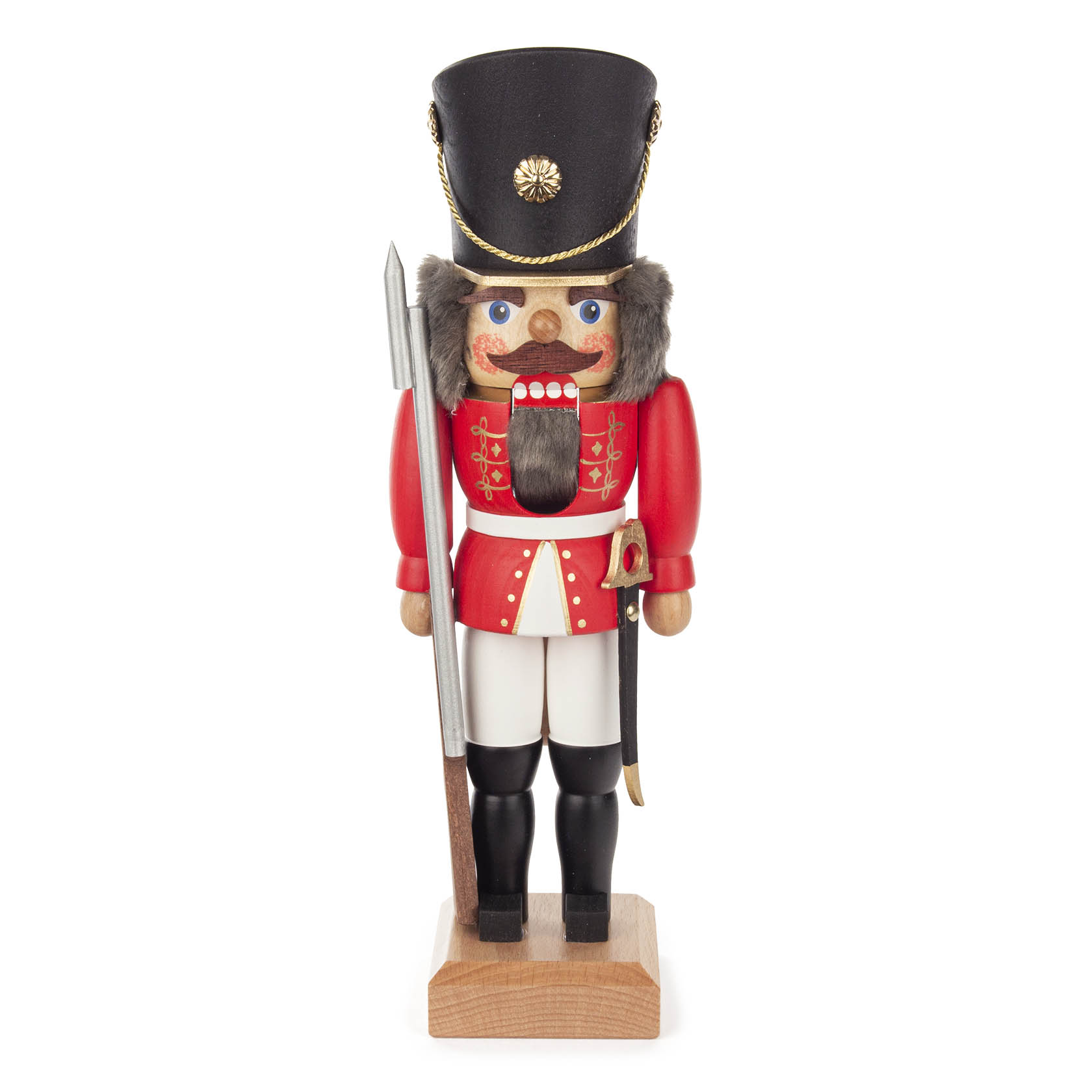 Roter Nussknacker in Form eines Soldaten, 29 cm groß, mit schwarzem Hut, roter Uniform, weißer Hose, hält eine Lanze und hat einen großen Bart. im Dregeno Online Shop günstig kaufen