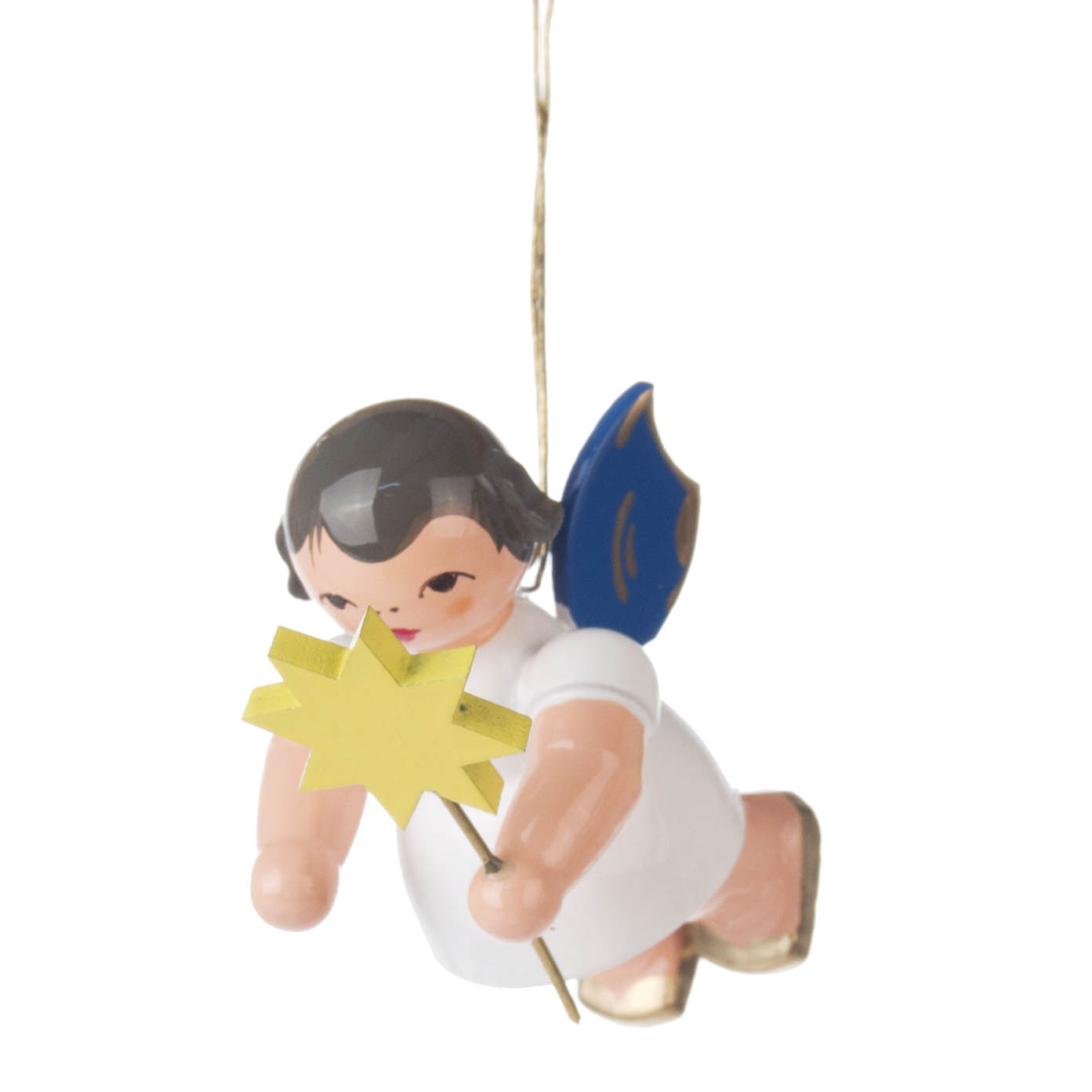 Kleiner Engel mit blauen Flügeln und einem gelben Stern in der Hand, schwebend und mit weißem Gewand. im Dregeno Online Shop günstig kaufen