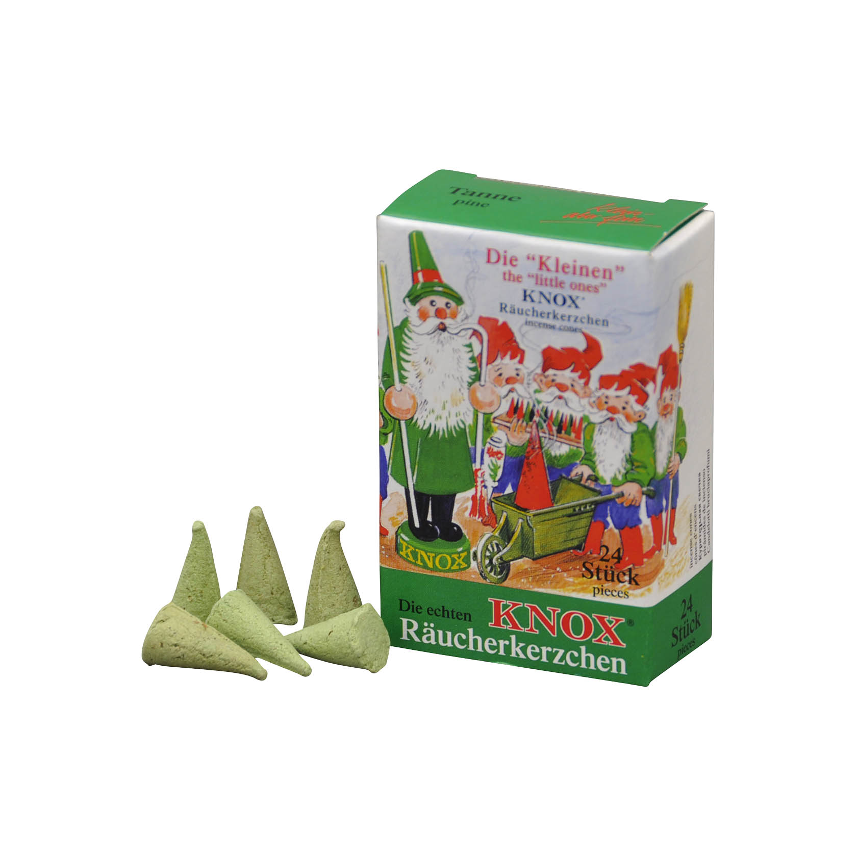Packung KNOX Mini Tanne Räucherkerzen mit grünem Inhalt und brennender Kerze, die Rauch erzeugt. im Dregeno Online Shop günstig kaufen