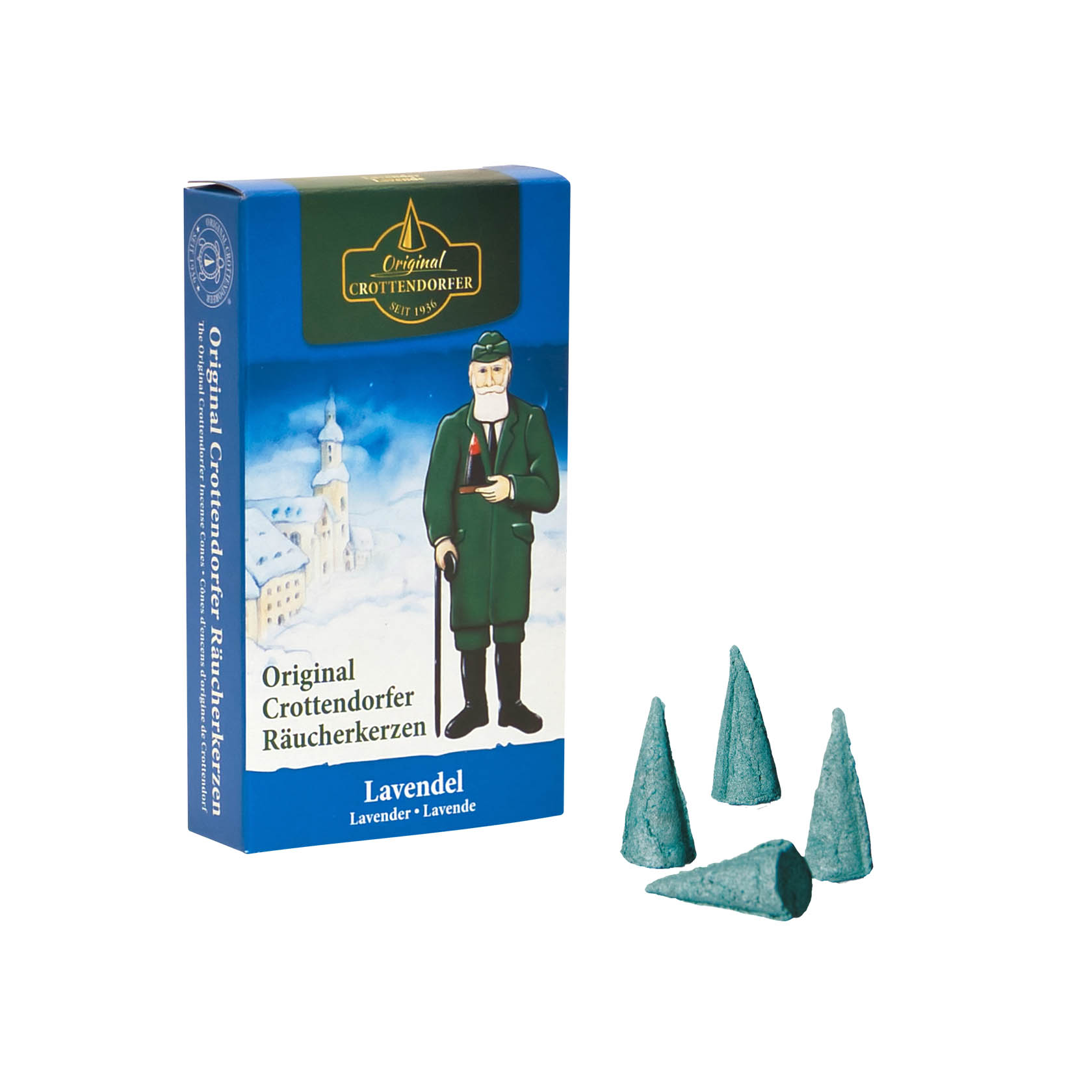 Verpackung und angezündete blaue Räucherkerzen in Kegelform der Marke Original Crottendorfer mit Lavendel-Duft. Ein Mann in traditioneller Kleidung ist auf der Verpackung abgebildet. im Dregeno Online Shop günstig kaufen