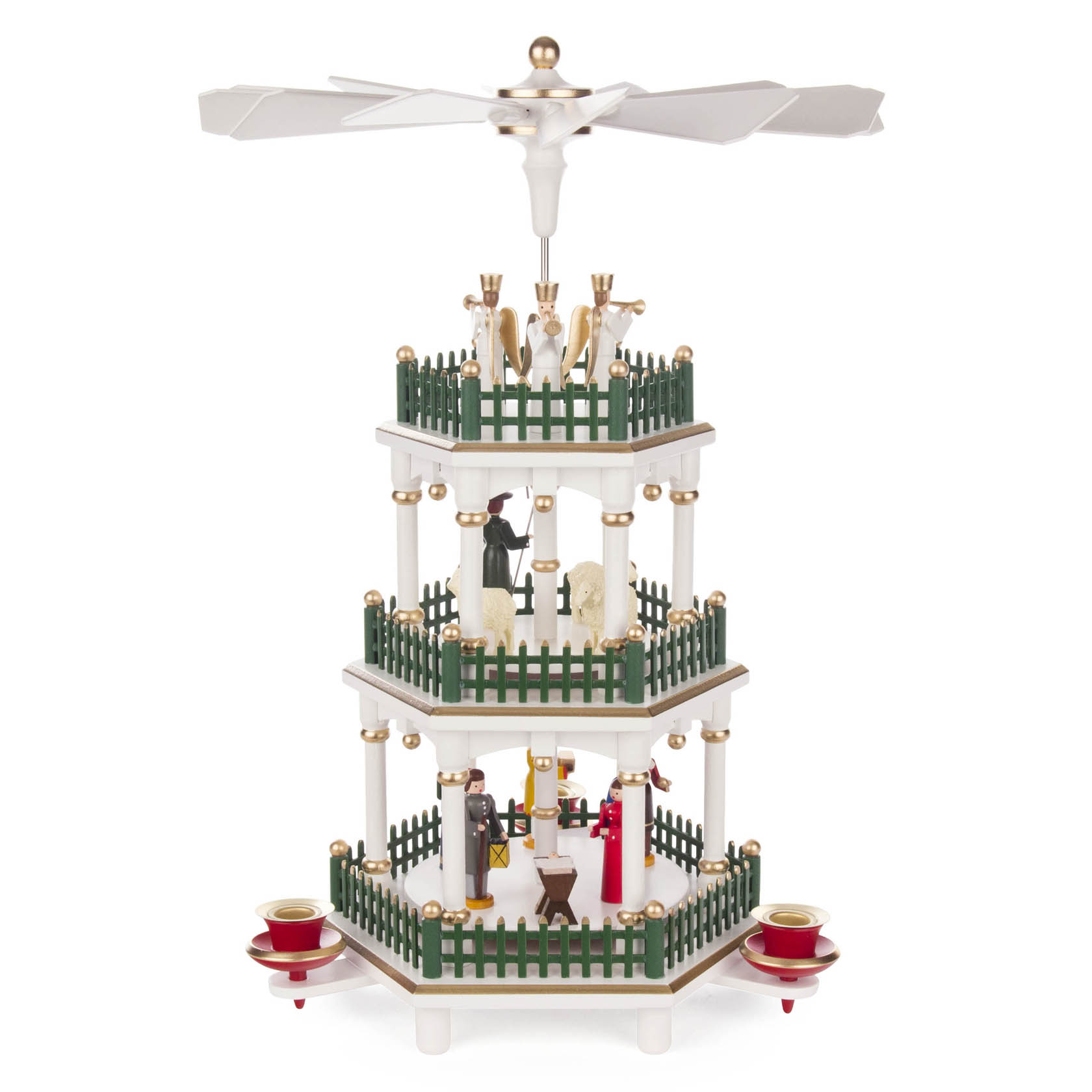 Weiße, zweistöckige Weihnachtspyramide mit Darstellung der Geburt Christi. Die Pyramide hat ein Flügelrad und ist für Kerzen mit 14mm Durchmesser geeignet. im Dregeno Online Shop günstig kaufen