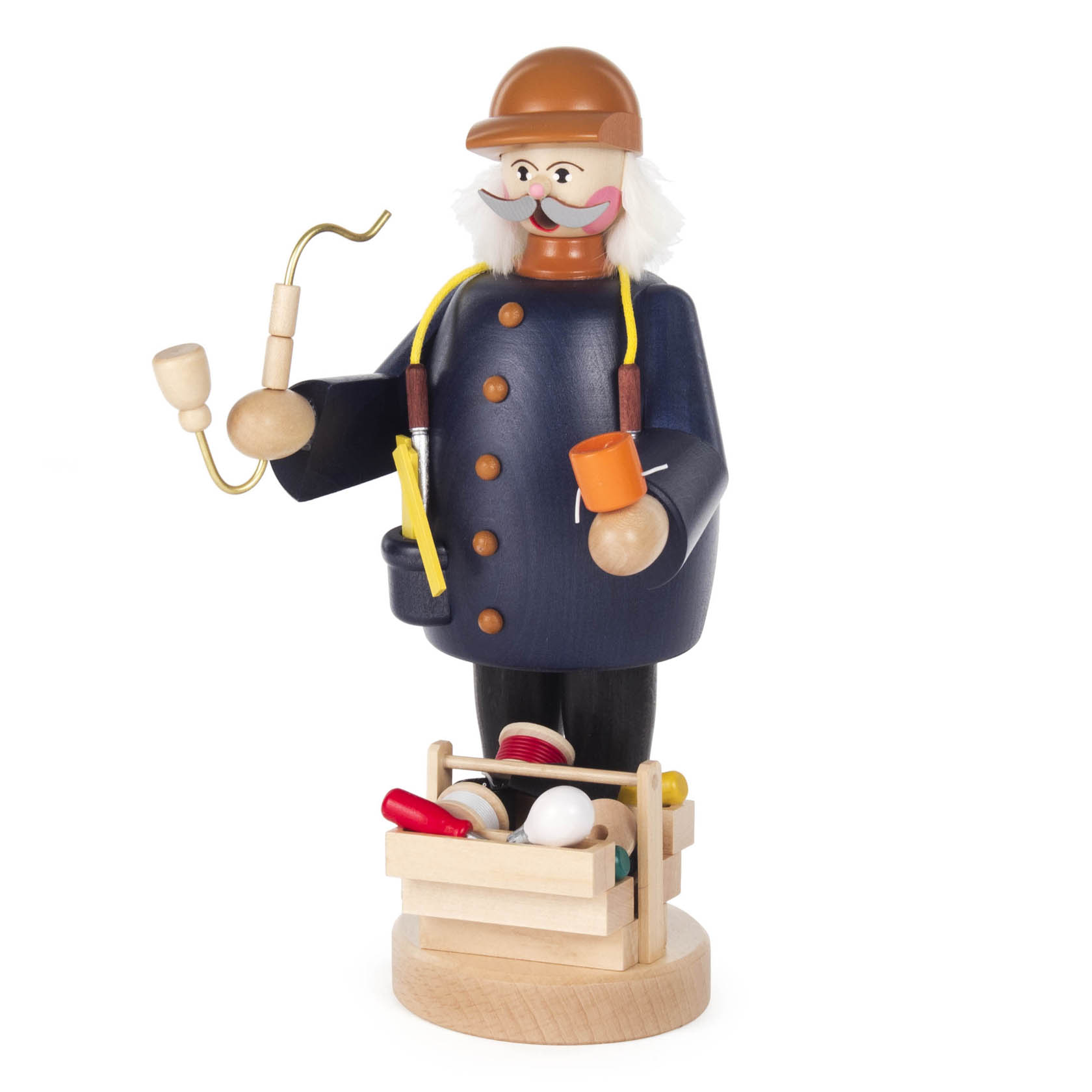 Ein traditioneller Räuchermann in Form eines Elektrikers mit blauer Jacke, gelber Kabelschlaufe und Werkzeugkiste mit Steckdosenleiste und Werkzeugen. im Dregeno Online Shop günstig kaufen