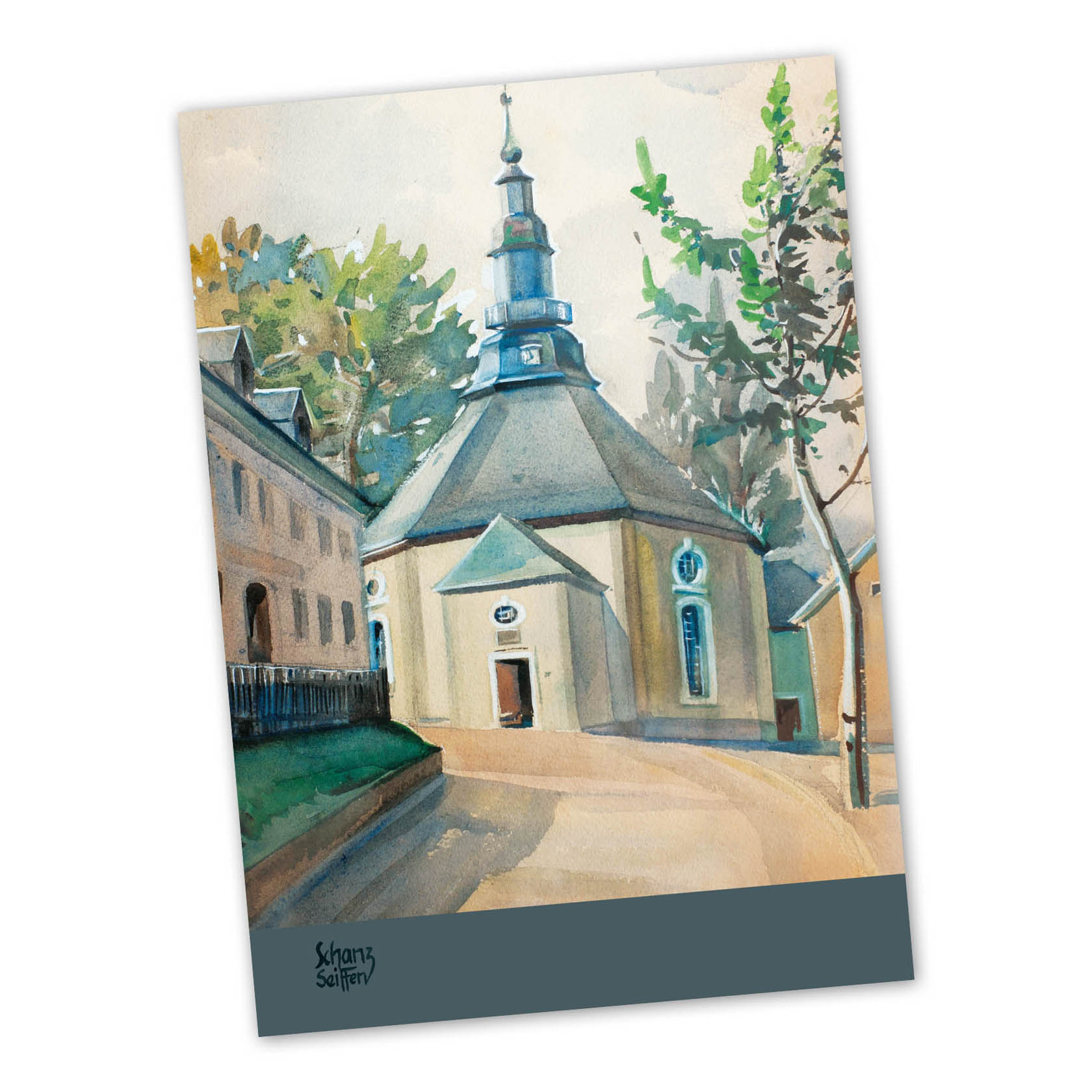 A watercolor painting of Seiffen Church, surrounded by trees, with its unique octagonal shape and tall spire, illustrating the serene mountainous environment. im Dregeno Online Shop günstig kaufen