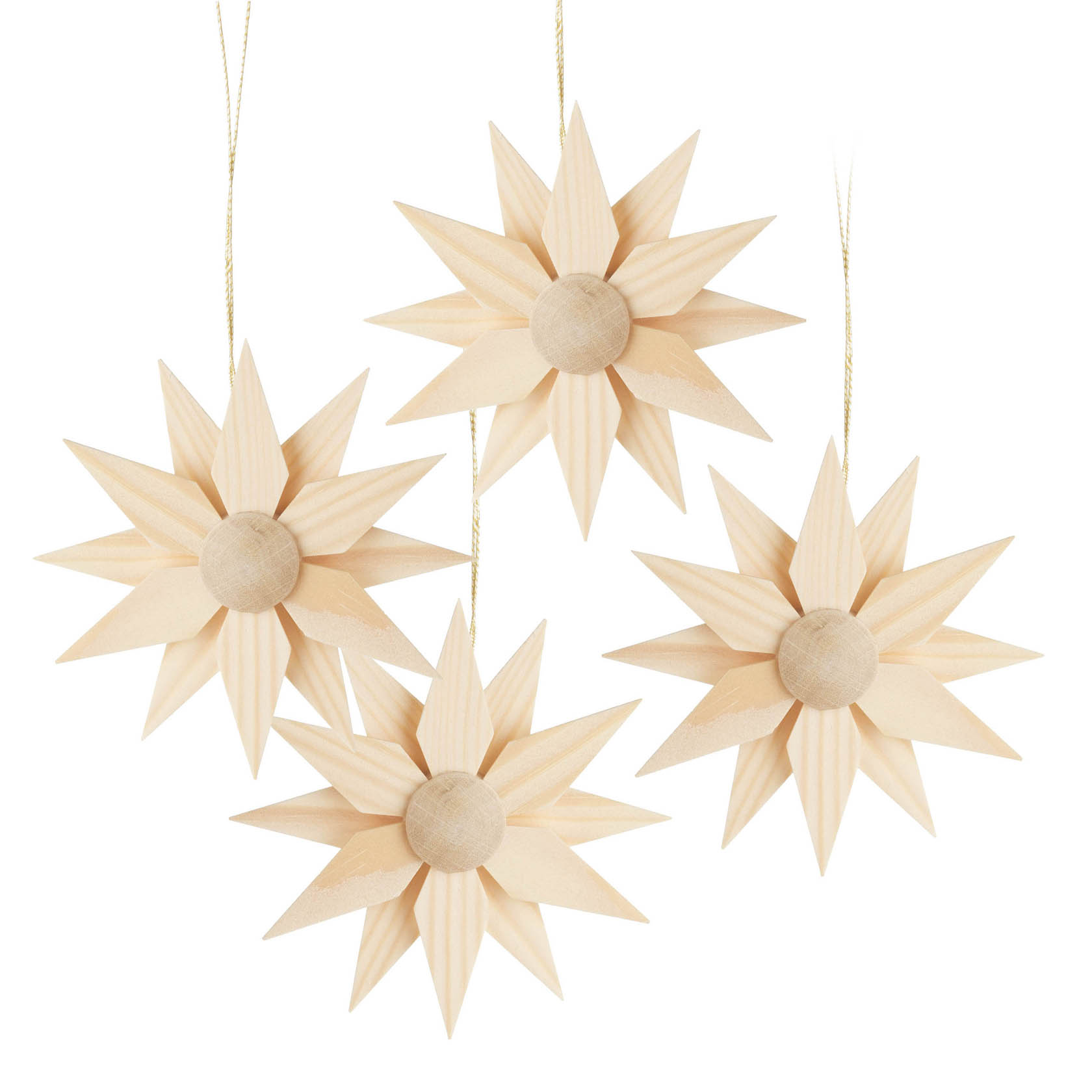 Vier hölzerne Weihnachtssterne mit je acht Zacken, in der Mitte jeder Stern eine hölzerne Kugel, hängend an goldenen Fäden. im Dregeno Online Shop günstig kaufen