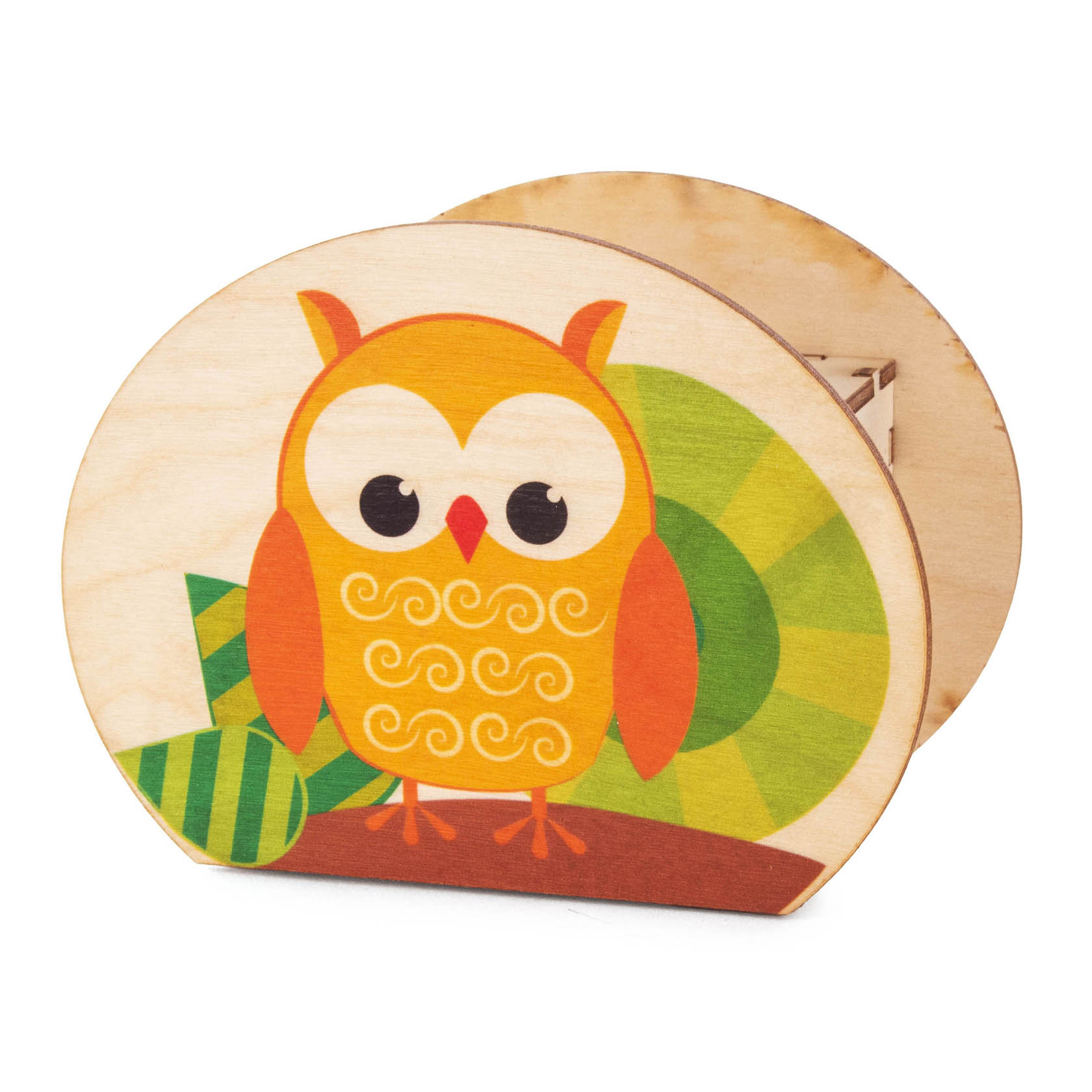 Holzspardose in Form einer Eule mit orange-gelben Farben und grünen Blättern im Hintergrund. im Dregeno Online Shop günstig kaufen
