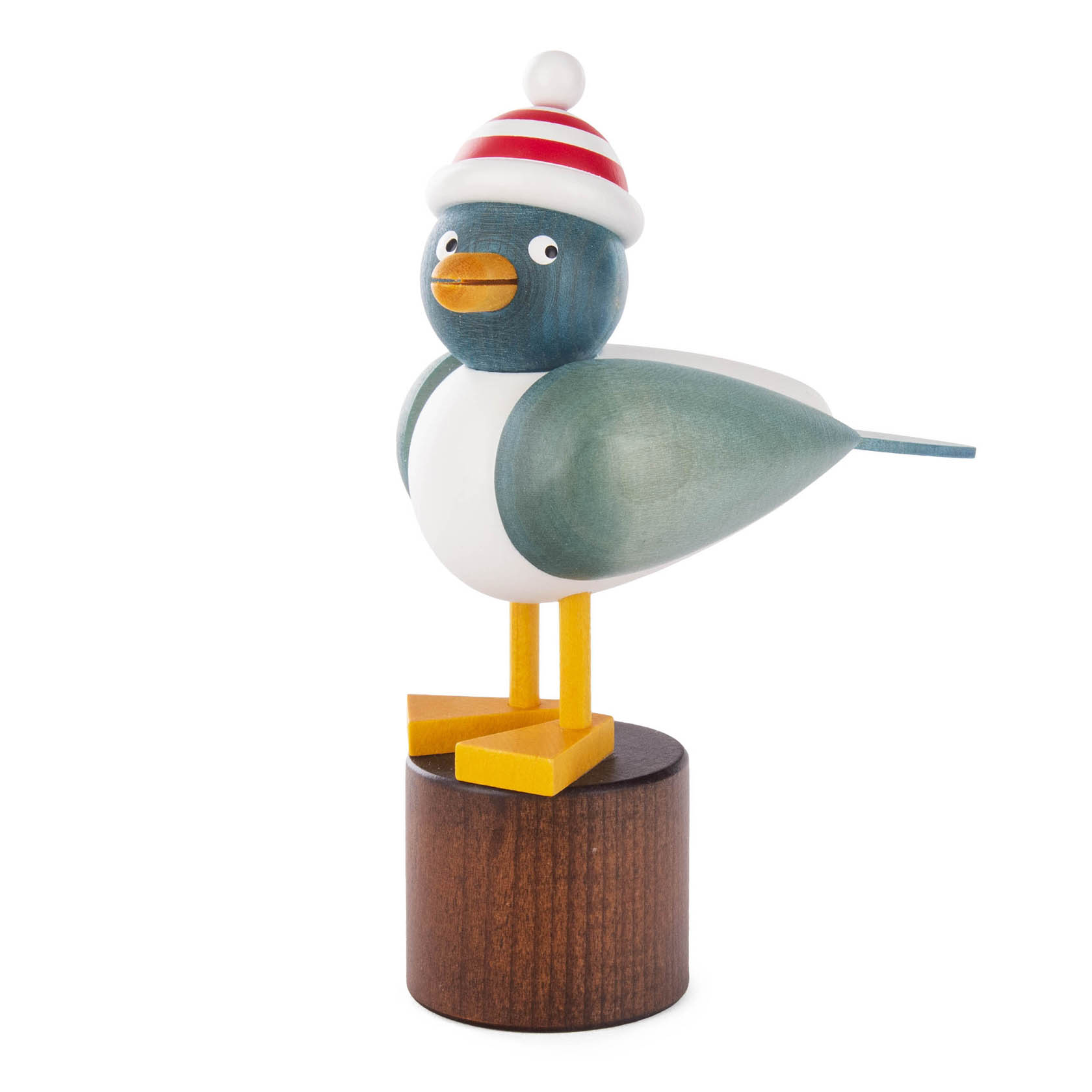 Holzskulptur einer Möwe in Blau- und Grautönen mit roter Ringelmütze auf einem Holzsockel stehend. im Dregeno Online Shop günstig kaufen