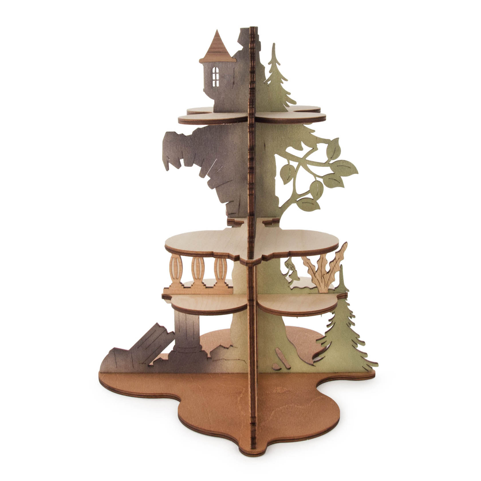 Holzaufsteller in Form einer Burg mit Aussichtsturm, Treppe und Bäumen, insbesondere für Miniatur-Eulen geeignet.