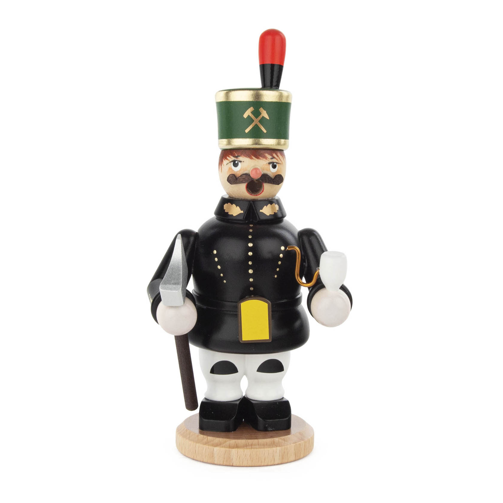 Ein Mini-Räuchermann in Form eines Bergmanns mit schwarzer Uniform, einem grünen Helm und einer roten Feder, hält Pfeife und Hammer in den Händen. im Dregeno Online Shop günstig kaufen