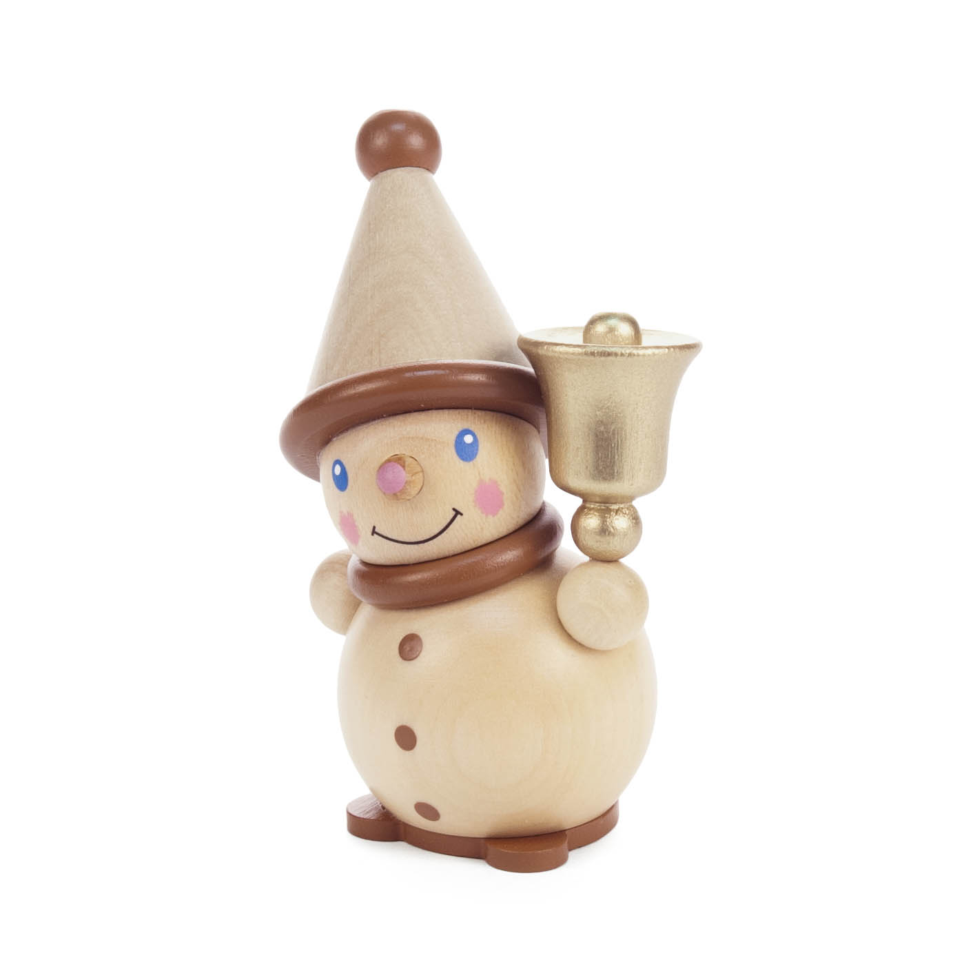 Holz-Wichtelfigur mit spitzem Hut, rosa Bäckchen, braunem Schal und glöckelähnlichem Accessoire in der Hand. im Dregeno Online Shop günstig kaufen