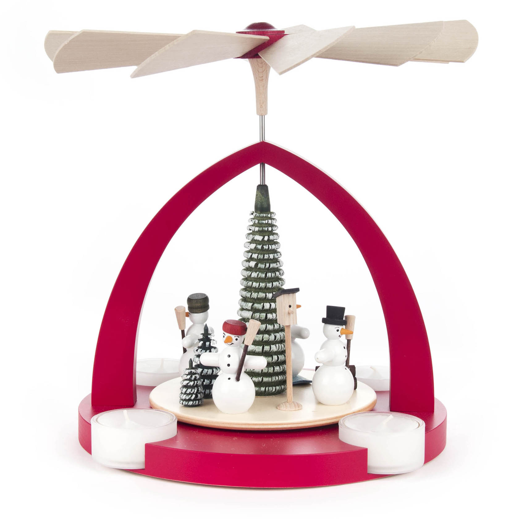 Rote Weihnachtspyramide mit Schneemännern und Weihnachtsbaum in der Mitte. Vier Teelichthalter sind um die Basis platziert. im Dregeno Online Shop günstig kaufen