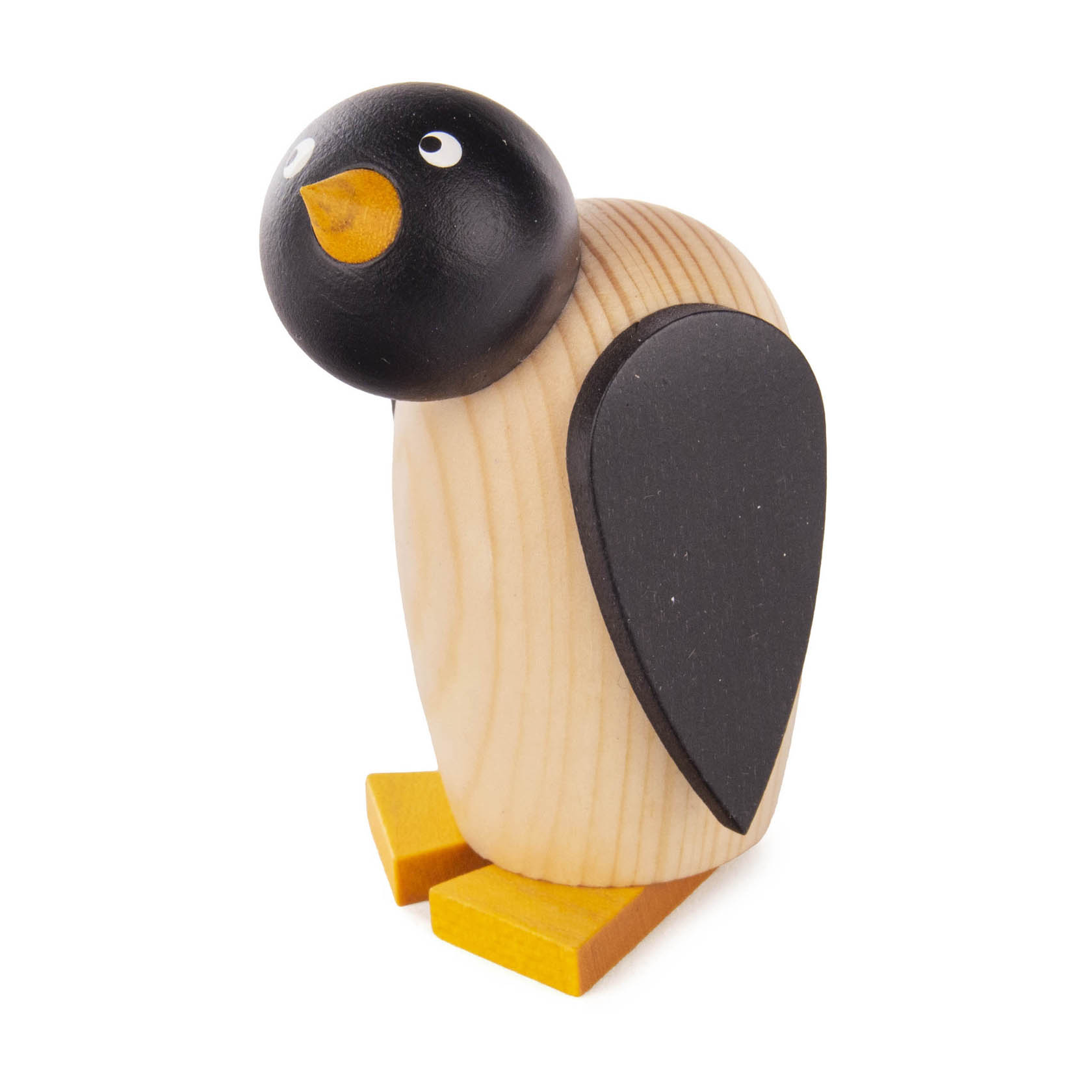 Kleiner, 7,5 cm großer Pinguin aus Holz mit schwarzem Kopf, orangenem Schnabel, gelben Füßen und schwarzen, ovalen Flügeln.